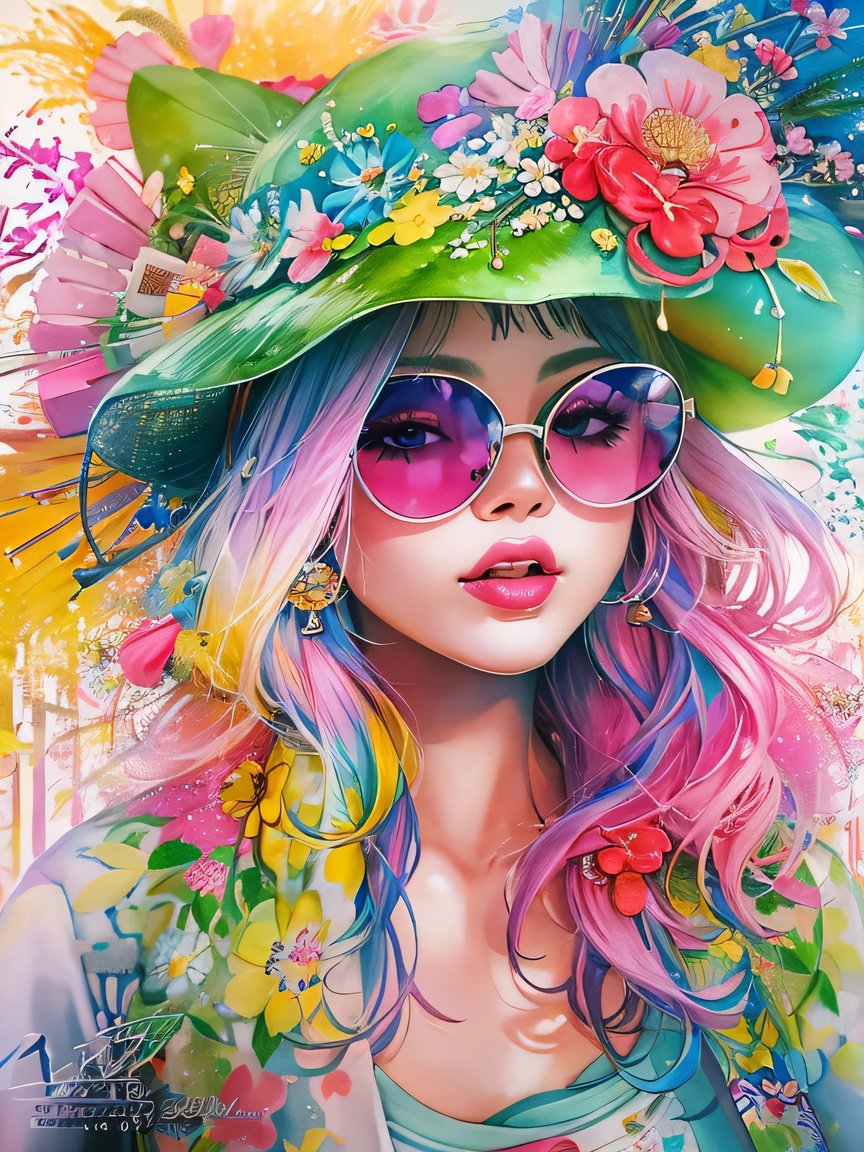 8K quality, Sylvia Pelissero watercolors, intense watercolor, watercolor detailed art, watercolor splash, surreal, avant-garde pop art, Beautiful and expressive paintings, Beautiful artwork illustration, very colorful tones, wonderful, cool beauty, highest quality,official art, vector art,stylish design, (((The strongest beautiful girl of all time))), (((Japanese)))、Idol、(((blowjob face)))、clear, Stylish sunglasses, Fashionable hats, (((highest quality))), bob hair, lips in love, HDR, ((Detailed details)), stylish fashion, detailed clothing texture, (((graffiti art))), colorful hair, ((masterpiece))、((Super detailed))、(((colorful flowers)))、