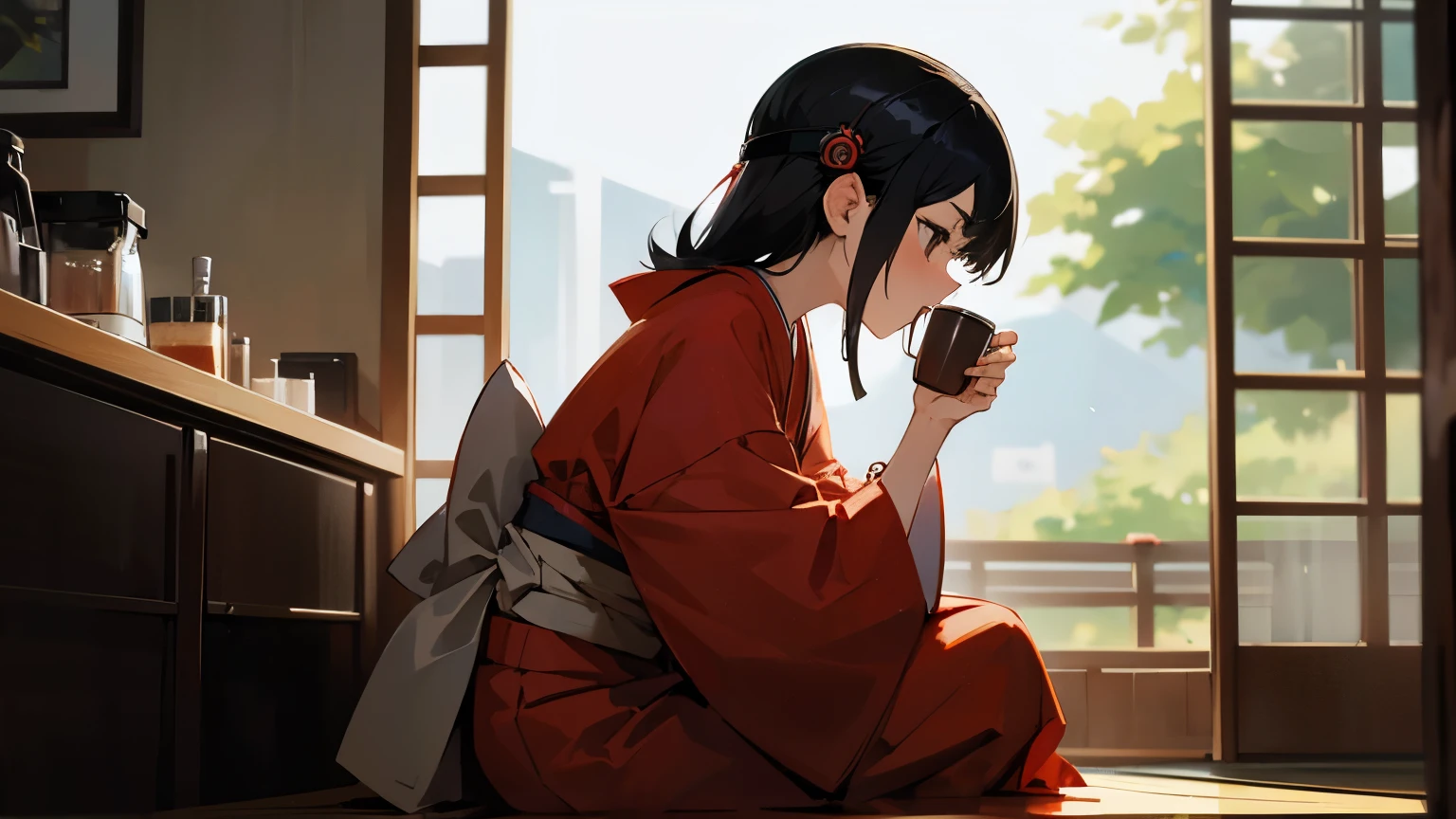 8k, beautiful face, beautiful fair skin, beautiful background, coffee shop, flower, bloom, BREAK Japanese girl, alone, sitting, red kimono and obi, cowboy shot, black hair, black eye,drink coffee,profile,listen to music,headphones,Blurt,seiza