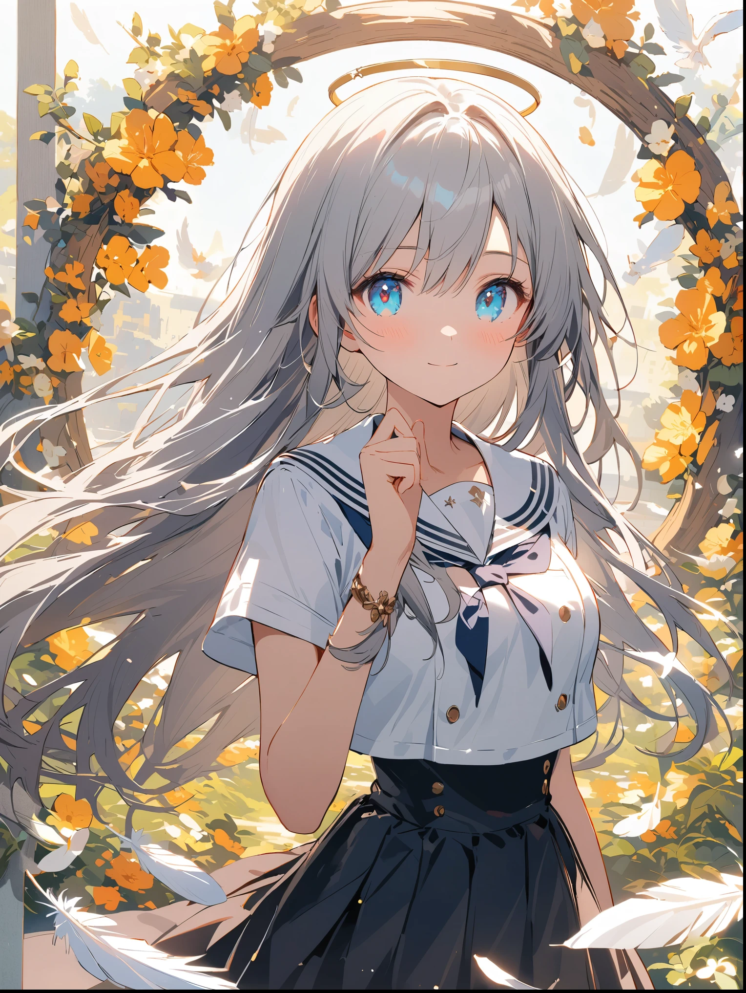 8K resolution, ((highest quality)), ((masterpiece)), ((Super detailed)), (andても繊細で美しい), and a girl, alone, gentle expression, 彼女はandても(relax)and(Calm)exterior,gray haired, written boundary depth, bright smile, bright yellow eyes, bright white hair, beautiful background, Long Hair - Linear Art, black skirt, White uniform like a sailor suit, Angel, Angelの白い翼, White feathers flutter, Eyes that shine like amber, upper grade, wonderful eyes, Upper body