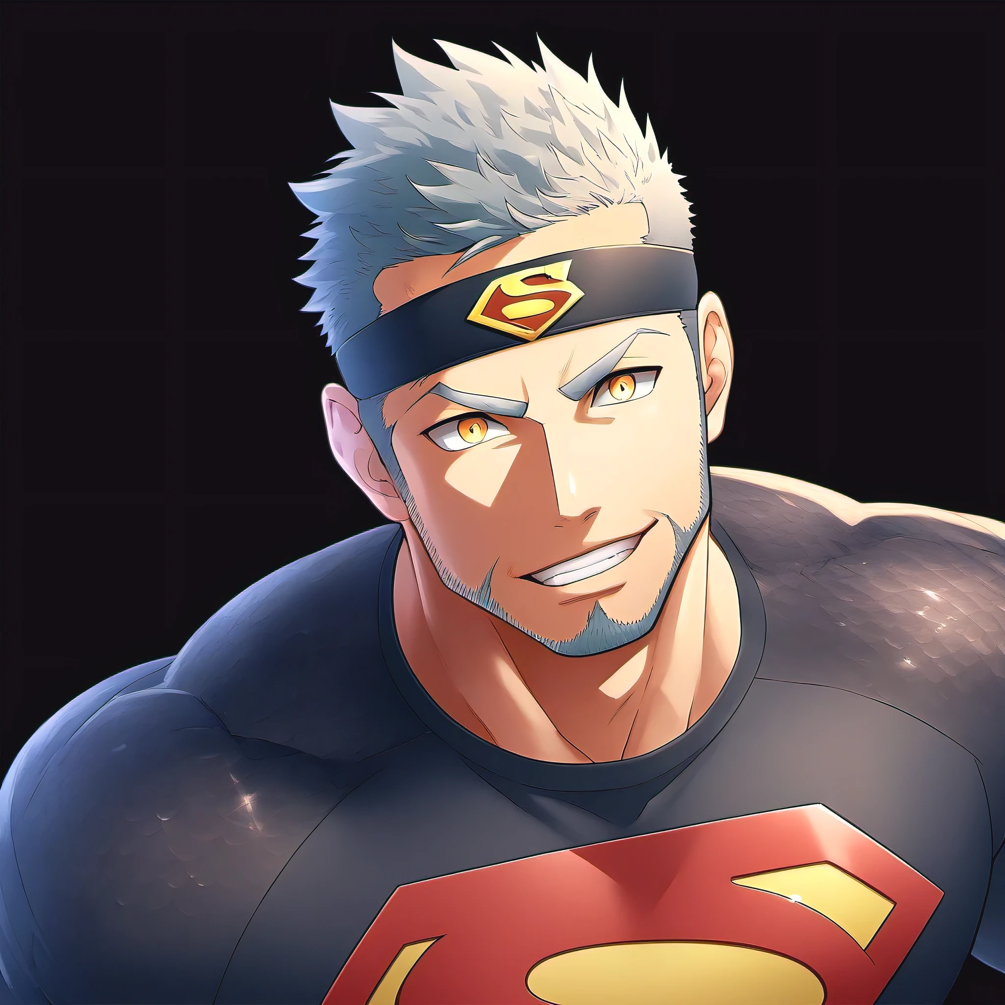 anime characters：Guy, priapus, 1 young muscular man, male focus, Sporty black headband, Gray-red turtleneck tight-fitting Superman T-shirt, Shiny snakeskin textured T-shirt, emphasize, superman logo, muscular male, muscular, only, Upper body, alone, white short hair, stubble, yellow eyes, blink, black background, Simple background, amazing quality, best aesthetics, ridiculous, bright pupils, short hair, naughty face, torogao, open lips, best quality