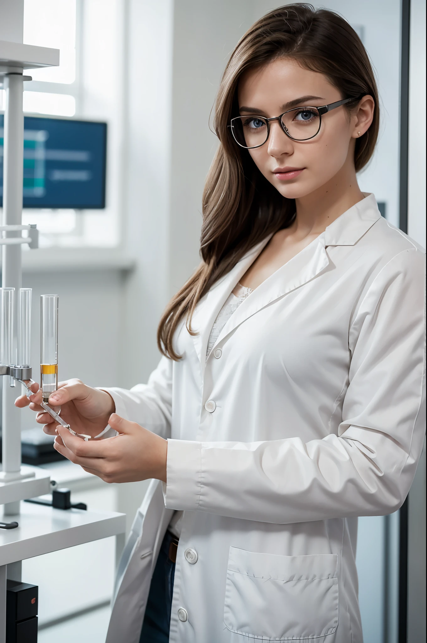 masterpiece, best quality, extremely detailed, hyperrealistic, photorealistic, a pretty german woman, glasses, white lab coat, tops, laboratory background:1.1, graduate school, ultra detailed face, holding test tube:1.1, perfect hands, perfect fingers
