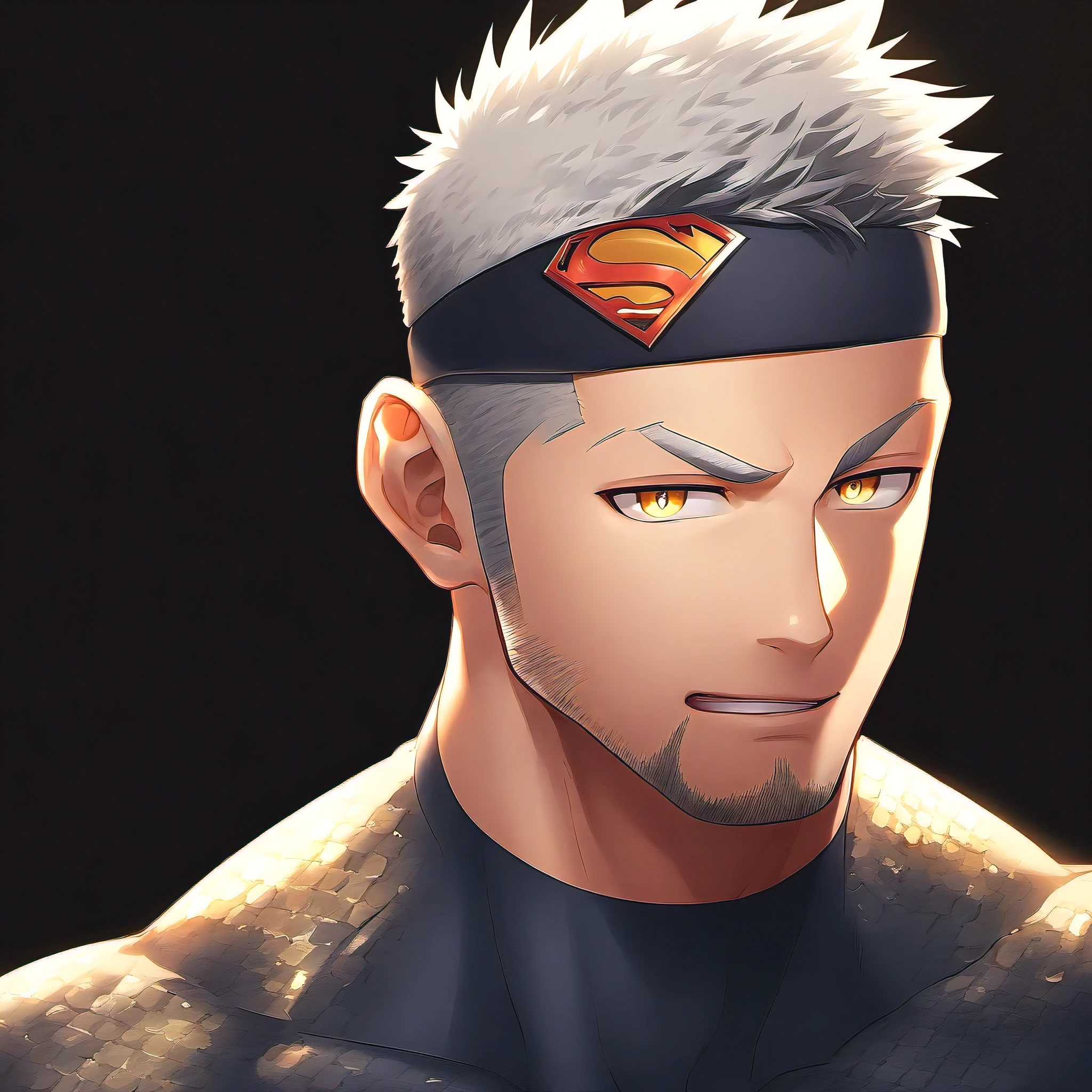 anime characters：Guy, priapus, 1 young muscular man, male focus, Sporty black headband, Gray-red turtleneck tight-fitting Superman T-shirt, Shiny snakeskin textured T-shirt, emphasize, superman logo, muscular male, muscular, only, Upper body, alone, white short hair, stubble, yellow eyes, blink, black background, Simple background, amazing quality, best aesthetics, ridiculous, bright pupils, short hair, naughty face, torogao, open lips, best quality