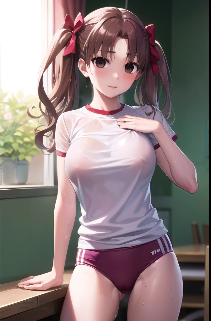 kurokoshirai, kuroko shirai, brown hair, long hair, (parted bangs:1.5), (brown eyes:1.7), Ringlet, twin tails, hair bow, bow, red bow, (big breasts:1.5),
break,Wearing wet gym clothes and bright red bloomers,  twin tails、
break looking at viewer, , whole body,
break indoors, classroom,
break (masterpiece:1.2), highest quality, High resolution, unity 8k wallpaper, (shape:0.8), (fine and beautiful eyes:1.6), highly detailed face, perfect lighting, Very detailed CG, (perfect hands, perfect anatomy),(A smile only on the lips:1.2)、(sweaty:1.3)、(blush:1.3)、sexy pose、(Play with your breasts with your hands through your costume:1.5)、Kuroko Shirai is brainwashed and forced to masturbate、Liquid flowing from the crotch