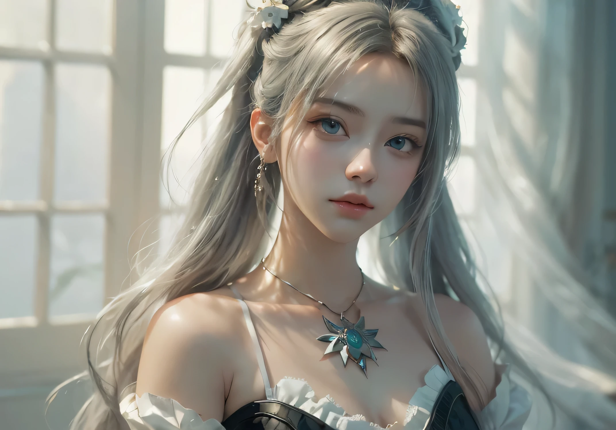 anime girl with long hair and a necklace in front of a window, artwork in the style of guweiz, guweiz, fanart best artstation, guweiz on artstation pixiv, beautiful anime portrait, guweiz on pixiv artstation, guweiz masterpiece, detailed digital anime art, realistic anime artstyle, stunning anime face portrait