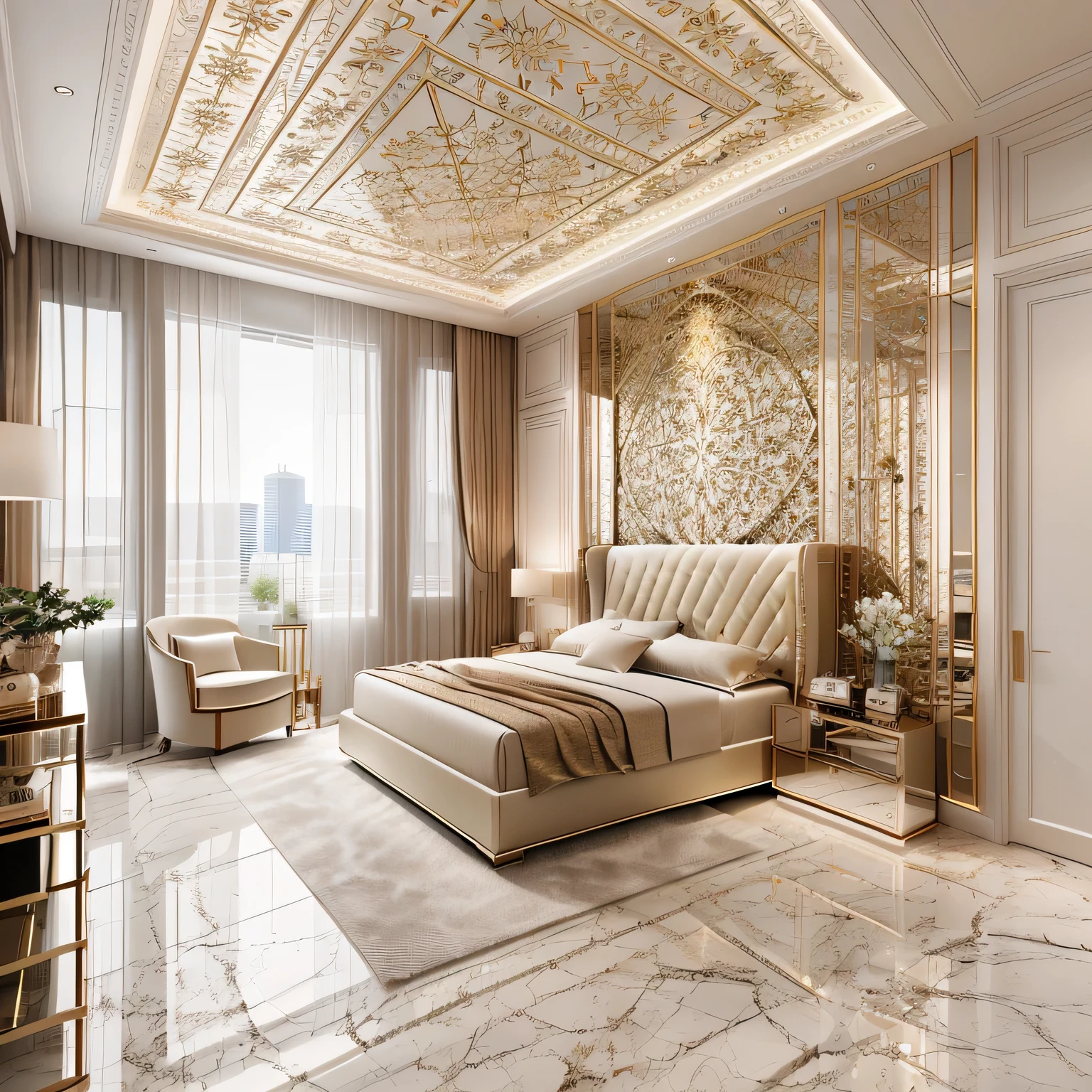 Modern bedroom design, luxurious interior, ((high resolution image, 8k, detailed anatomy of each object, rough surface, super detailed, super realistic, beautiful) spotless , surreal , spacious space , full light