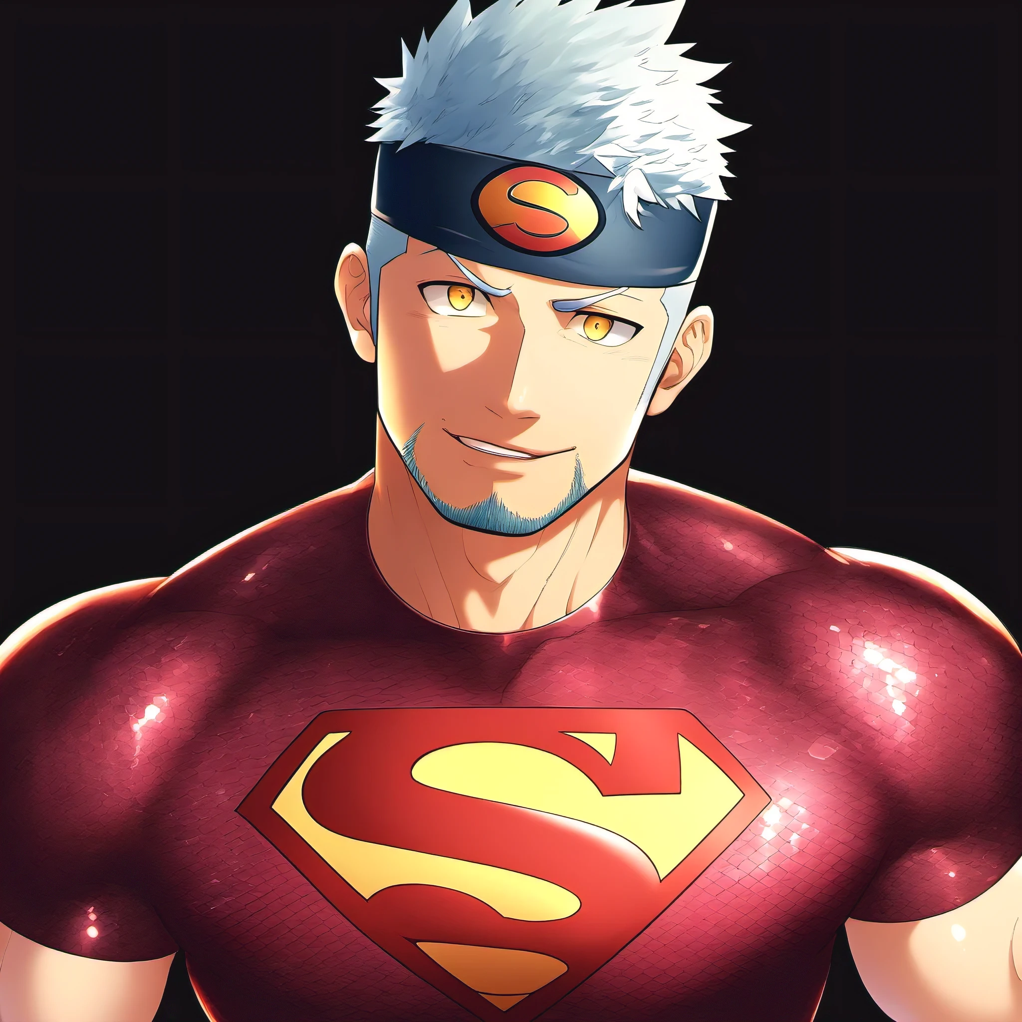 anime characters：Guy, priapus, 1 young muscular man, male focus, Sporty black headband, Burgundy Turtle Neck Skinny Superman T-Shirt, Shiny snakeskin textured T-shirt, Shining highlights, superman logo, muscular male, muscular, only, Upper body, alone, white short hair, stubble, yellow eyes, blink, black background, Simple background, amazing quality, best aesthetics, ridiculous, bright pupils, short hair, naughty face, torogao, open lips, best quality