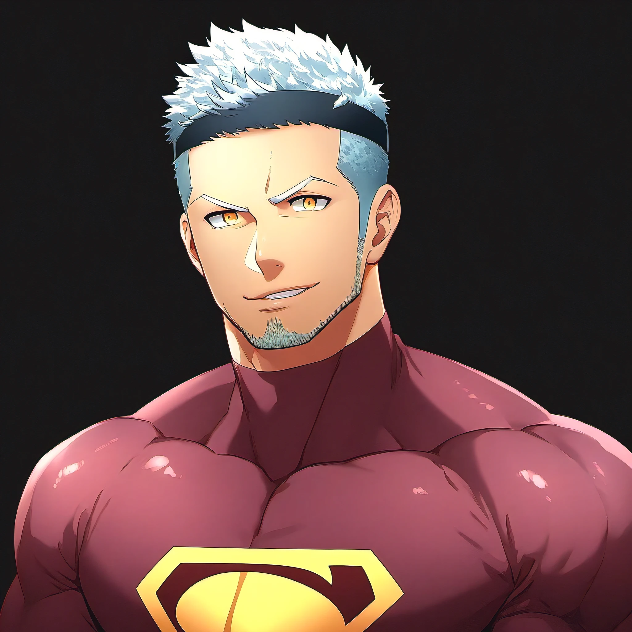 anime characters：Guy, priapus, 1 young muscular man, male focus, Sporty black headband, Burgundy Turtle Neck Skinny Superman T-Shirt, Shiny snakeskin textured T-shirt, Shining highlights, superman logo, muscular male, muscular, only, Upper body, alone, white short hair, stubble, yellow eyes, blink, black background, Simple background, amazing quality, best aesthetics, ridiculous, bright pupils, short hair, naughty face, torogao, open lips, best quality