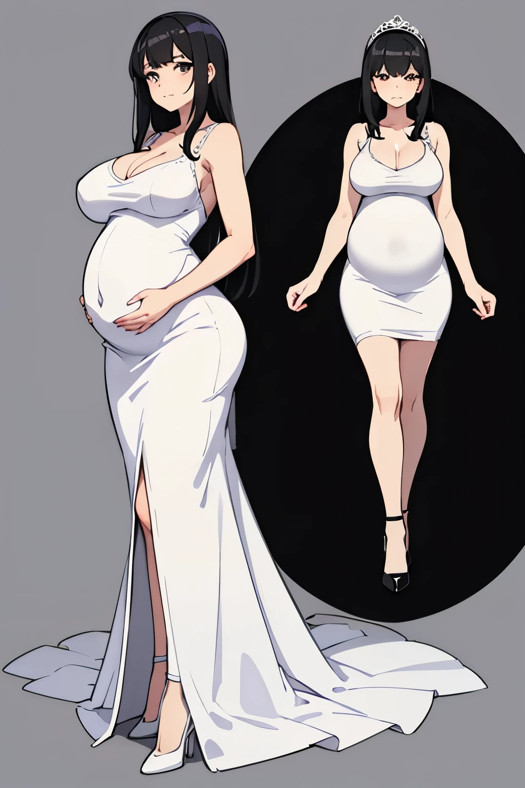 white wedding dress，pregnant woman，black hair，stand，whole body，High heel，blank background