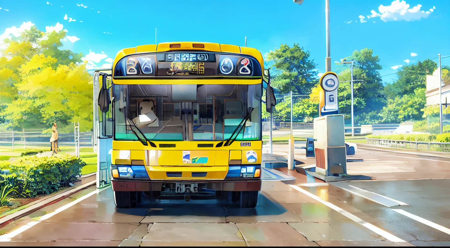 A bus，Bus shelters，people waiting for bus，City，illustration，best quality