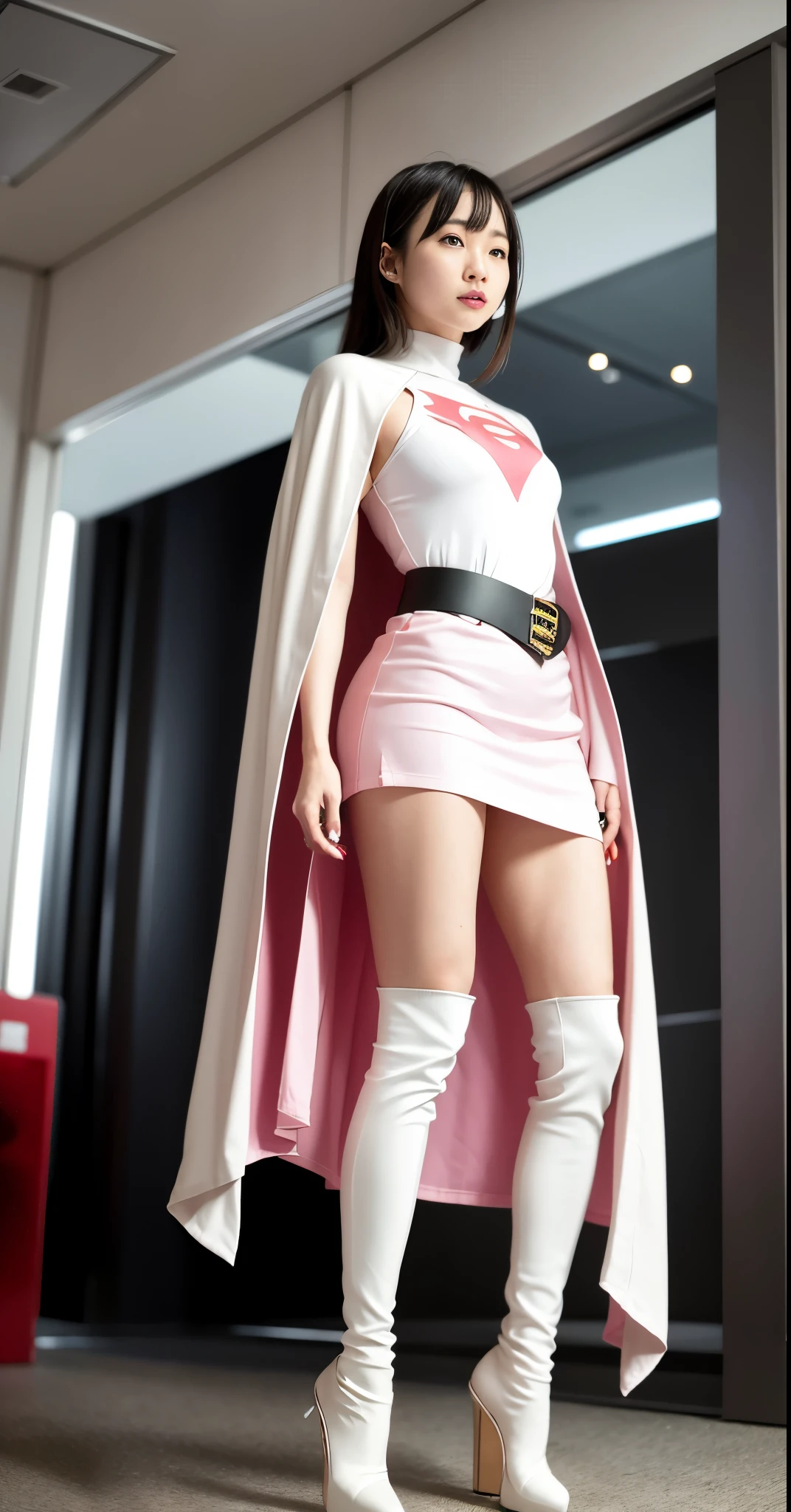 best image quality、real image、18-year-old美少女、ポニーテールBeautiful woman、beautiful sister、A woman wearing a pink dress and cloak is standing in front of a building。, 18-year-oldの女の子,Jun the Swan、knee high boots science ninja、white panties、Beautiful woman、 As a retro-futuristic heroine, 18-year-old、As a retro-futuristic heroine, beautiful thighs、sheila, she - ra, anime female hero portrait, Portrait of a modern dharna, anime visual of super girl, super girl, official art, Dinah Drake, hironaka, Blowjob White Mecha Miniskirt