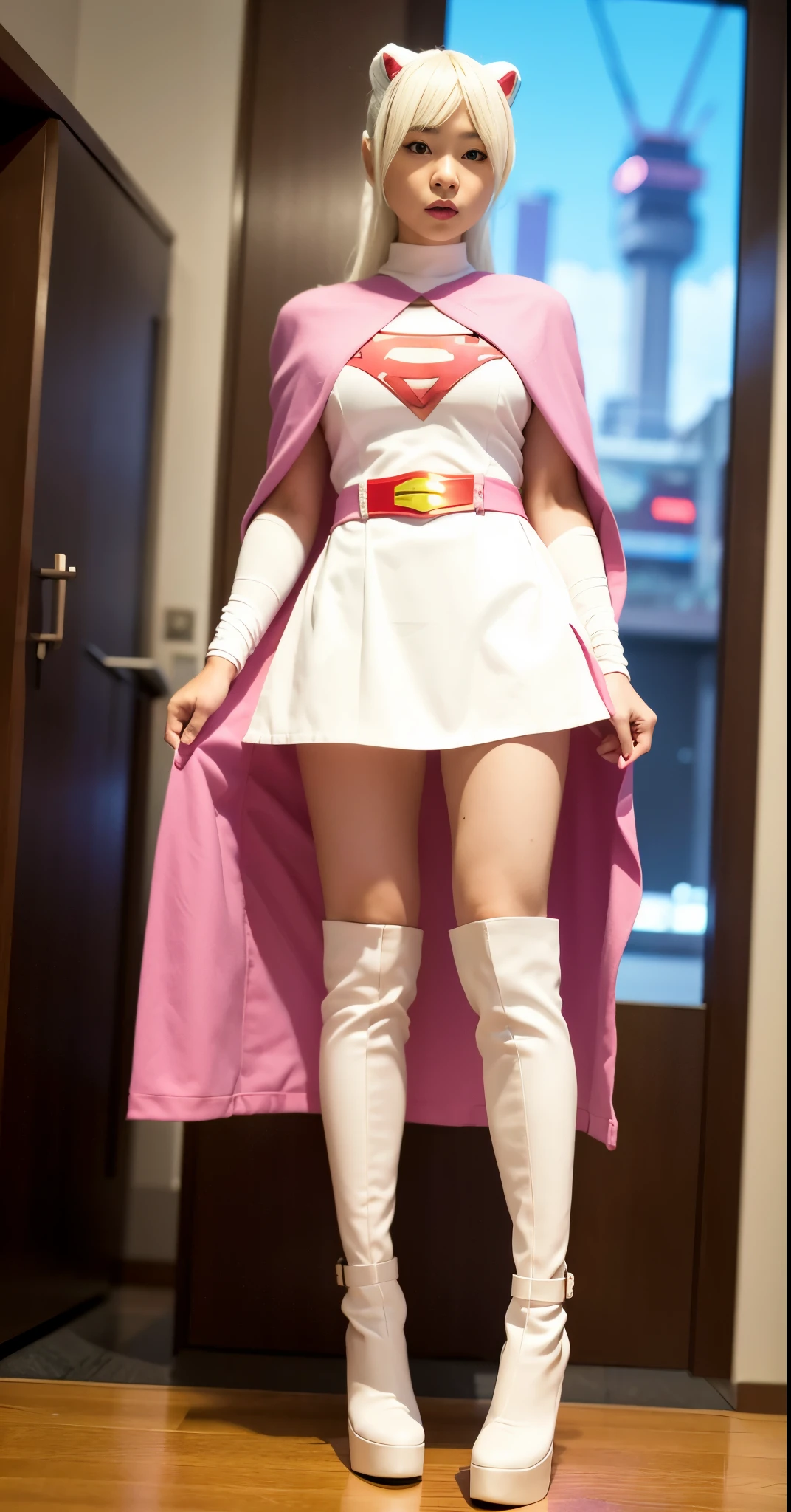 best image quality、real image、18-year-old美少女、ポニーテールBeautiful woman、beautiful sister、A woman wearing a pink dress and cloak is standing in front of a building。, 18-year-oldの女の子,Jun the Swan、knee high boots science ninja、white panties、Beautiful woman、 As a retro-futuristic heroine, 18-year-old、As a retro-futuristic heroine, beautiful thighs、sheila, she - ra, anime female hero portrait, Portrait of a modern dharna, anime visual of super girl, super girl, official art, Dinah Drake, hironaka, Blowjob White Mecha Miniskirt