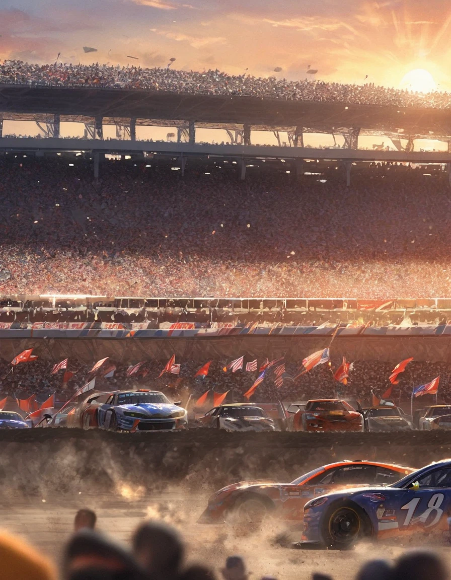 A high-octane image of the Daytona International Speedway during the Indianapolis 500 race. The track is teeming with brightly colored, sleek race cars zooming at breakneck speed, their tires kicking up dirt and gravel. In the background, a massive crowd is seen, with fans waving flags and cheering on their favorite racers. The sun is setting, casting warm, golden hues over the scene, while a large American flag waves in the distance.