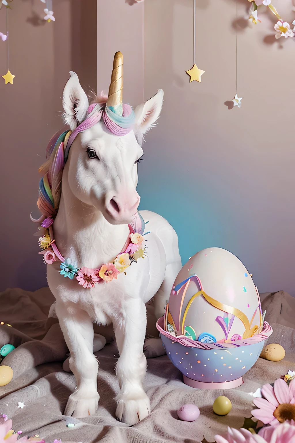 A vibrant cartoon unicorn with a spiraled horn, a pastel rainbow mane and tail, adorned with a delicate crown of spring flowers. The unicorn is sitting playfully beside a large, elaborately decorated Easter egg with bright patterns. Surrounding the unicorn are multiple small, colorful Easter eggs scattered around. Above, there are twinkling stars and sparkles. Below the image, in a cheerful, hand-drawn font, the words 'Happy Easter' are written. The whiteground is solid black to contrast and highlight the colors of the unicorn and the eggs.