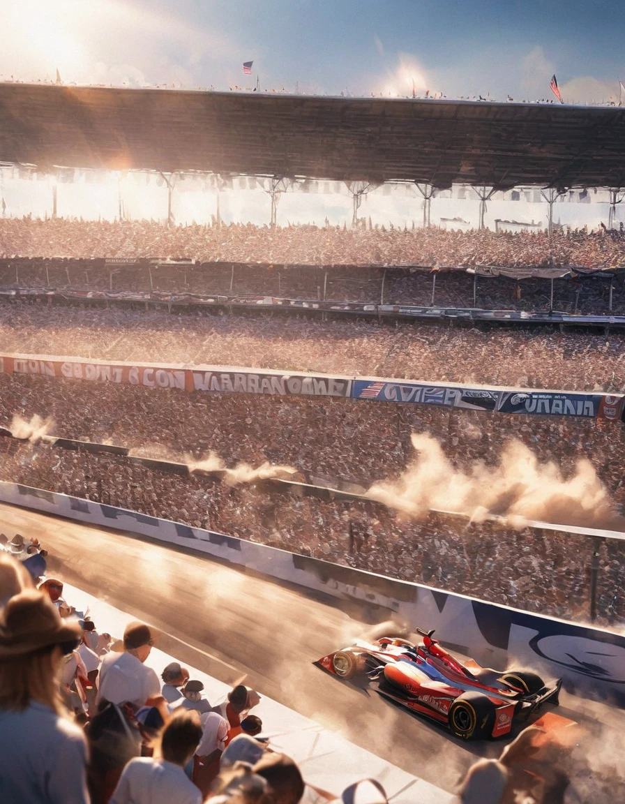 A thrilling photograph capturing the essence of the Indianapolis 500 race at the Daytona International Speedway. The track is filled with a plethora of vibrant, sleek race cars speeding at an astonishing pace, leaving trails of dust and gravel in their wake. The atmosphere is electric, with the crowd in the background, waving flags and cheering vigorously for their favorite racers. The sun starts to set, bathing the scene in a warm, golden glow. In the distance, a large American flag waves proudly, symbolizing the spirit of the race.