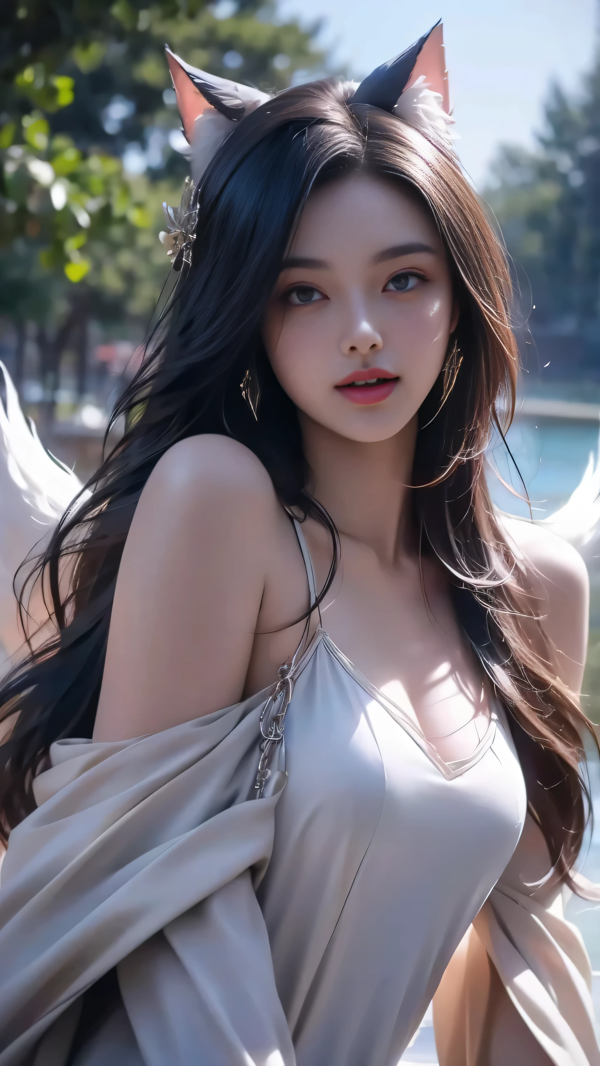 8k, best quality, Masterpiece, Ultra high resolution, (realism: 1.4), original photo, (Realistic skin texture: 1.3), (Film texture: 1.3), ( มุมระยะfar ) , 1 girl, goddess , Please smile. , looking down., look at viewer, A long, white fairy dress with a pronounced tree branch pattern.. , Beautiful Eyes and Facial Details, Masterpiece, best quality, far , See every part of the body. , looking at the audience