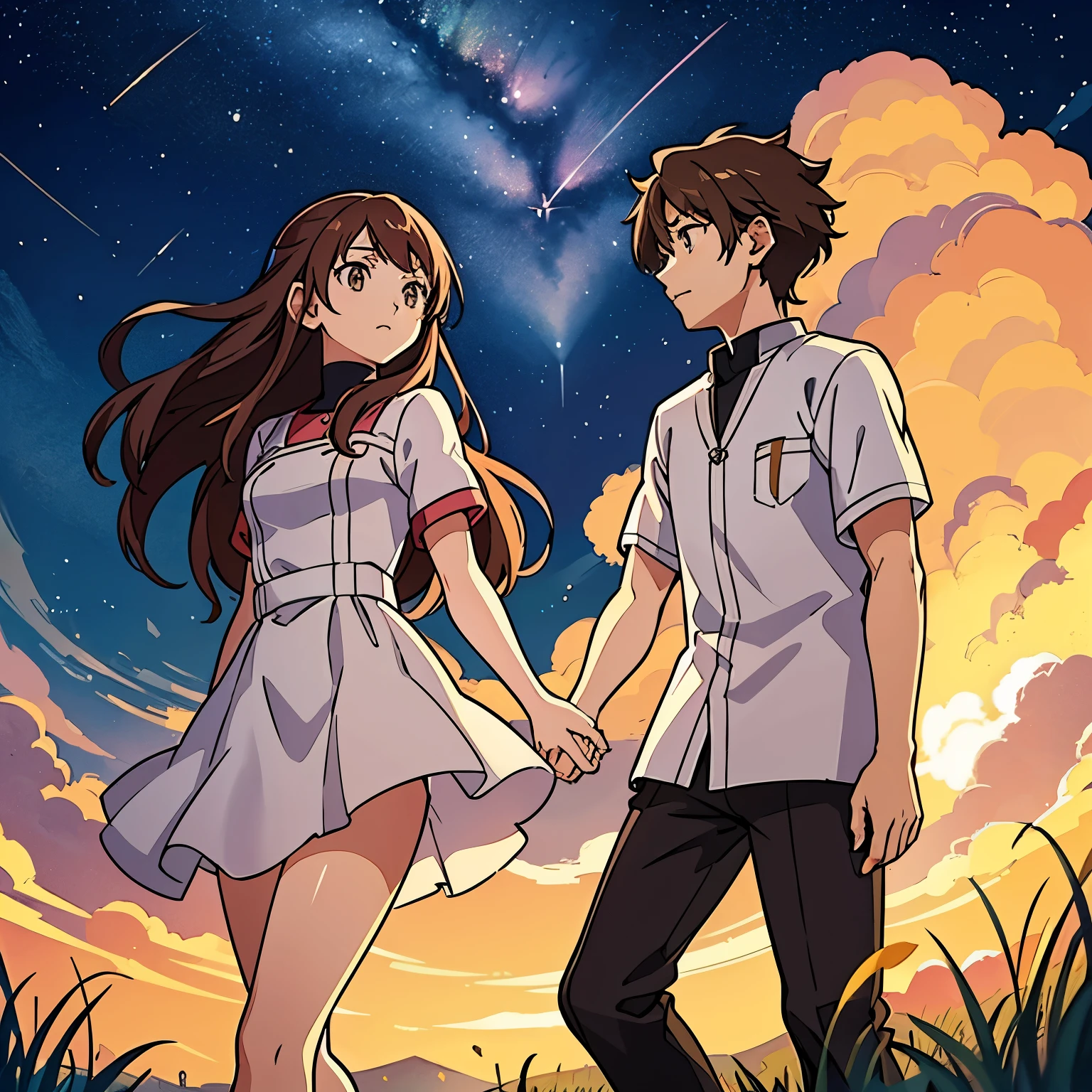 generates an image of two people who are looking in front of each other, one is a girl with long hair and the other is a boy who are in a grass meadow watching a comet fall like the one in the movie Your Name, which is not here. neither by night nor by day and there are clouds,