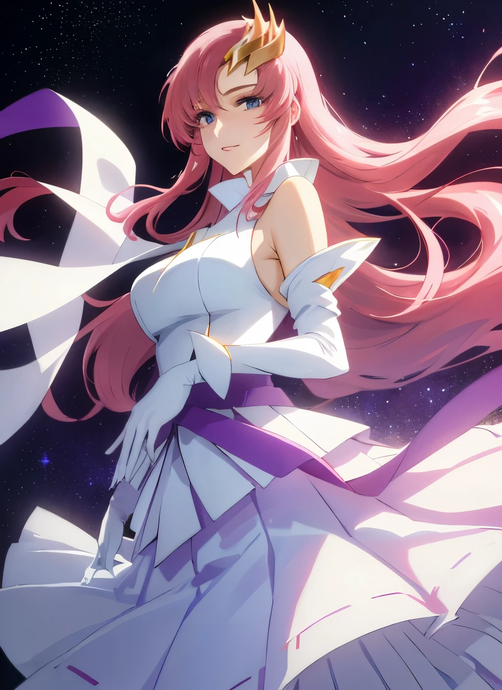 Masterpiece,detailed eye,detailed skin,detailed face,shiny skin,detailed hair,white skin,perfect lighting,shiny lips,8k,wallpaper,Kyoto animation,Lacus clyne,gundam seed , solo, pink hair, straight hair,blue eyes , (((hair ornament, white detached sleeves,luxurious white dress, luxurious purple skirt, luxurious long skirt))),very long hair, bare shoulders, stars background 