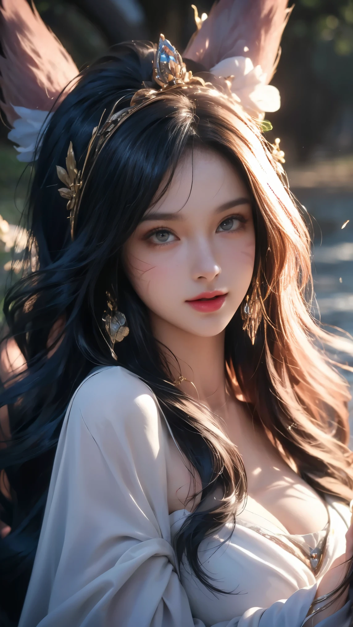 8k, best quality, Masterpiece, Ultra high resolution, (realism: 1.4), original photo, (realistic skin texture: 1.3), (Film texture: 1.3), ( remote angle ) , 1 girl, goddess , smile a little , Look down., looking at viewer, A long white angel costume with a manifesting tree branch pattern. , Beautiful eyes and facial details, Masterpiece, best quality, far , See every part of the body , looking at the audience