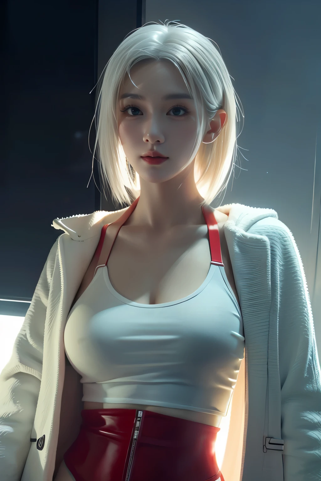 Masterpiece,Game art,The best picture quality,Highest resolution,8K,(A bust photograph),(Portrait),(Head close-up),(Rule of thirds),Unreal Engine 5 rendering works,
20 year old girl,Short hair details,With long bangs,(white hair),red eyes,Elegant and elegant,(Large, full breasts),(Wearing a white coat,Red suspender underwear),shut your mouth,serious yet charming,(scholar),photo poses,Sci-fi style laboratory,white room,
Movie lights，Ray tracing，Game CG，((3D Unreal Engine))，OC rendering reflection pattern