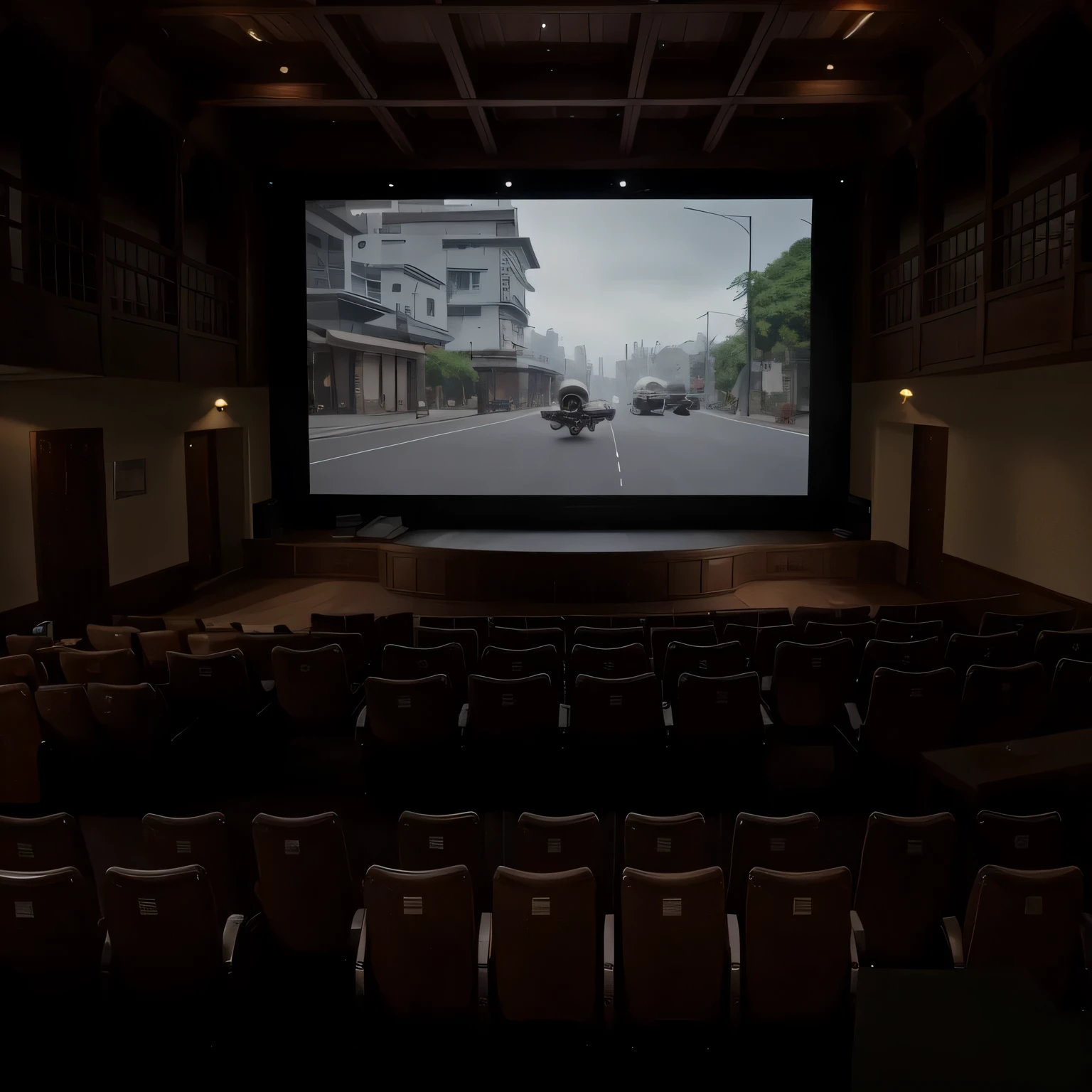 The scene takes place in a Taiwanese cinema in the 1950s, Customers looking for seats on the second floor. on the left, Partial view of a large screen showing classic movies in black and white visible on the railing (The only light source). Go to the right of the railing, There are two rows of chairs, All facing left (these chairs are made from taiwanese cypress wood,form bench). This scene evokes people's nostalgia for the architectural heritage of Lukang Old Street. The theater uses traditional Minnan-style cement window frames and a facade made of cement and wood.. Illustrations should reflect the authenticity of the era, Show intricate details,For example, the wooden beams that support traditional ceilings. Simulate the vivid colors and rich textures of color film photography, A 1950s cinematic experience presented with the utmost realism and attention to detail.