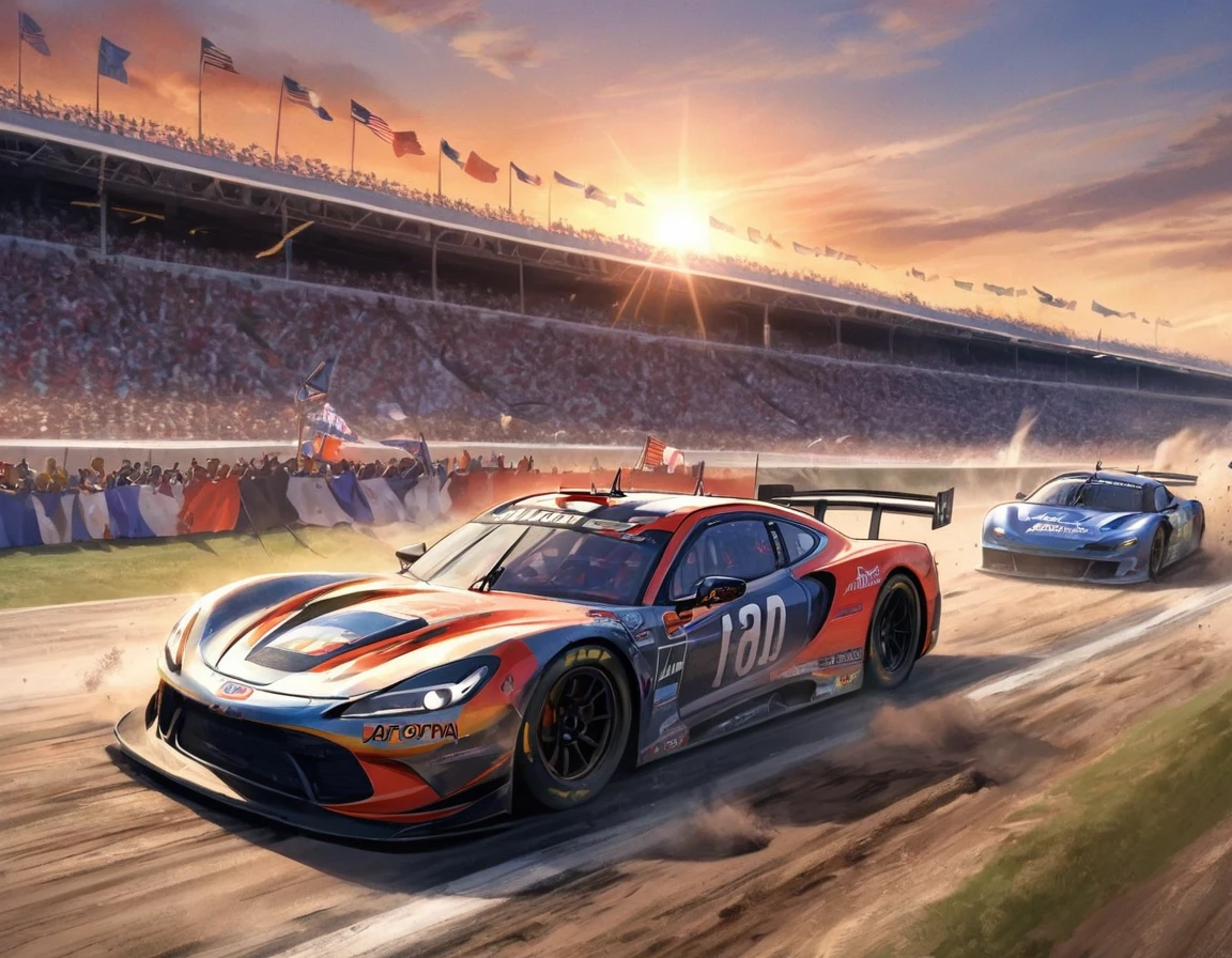 A high-octane image of the Daytona International Speedway during the Indianapolis 500 race. The track is teeming with brightly colored, sleek race cars zooming at breakneck speed, their tires kicking up dirt and gravel. In the background, a massive crowd is seen, with fans waving flags and cheering on their favorite racers. The sun is setting, casting warm, golden hues over the scene, while a large American flag waves in the distance.
