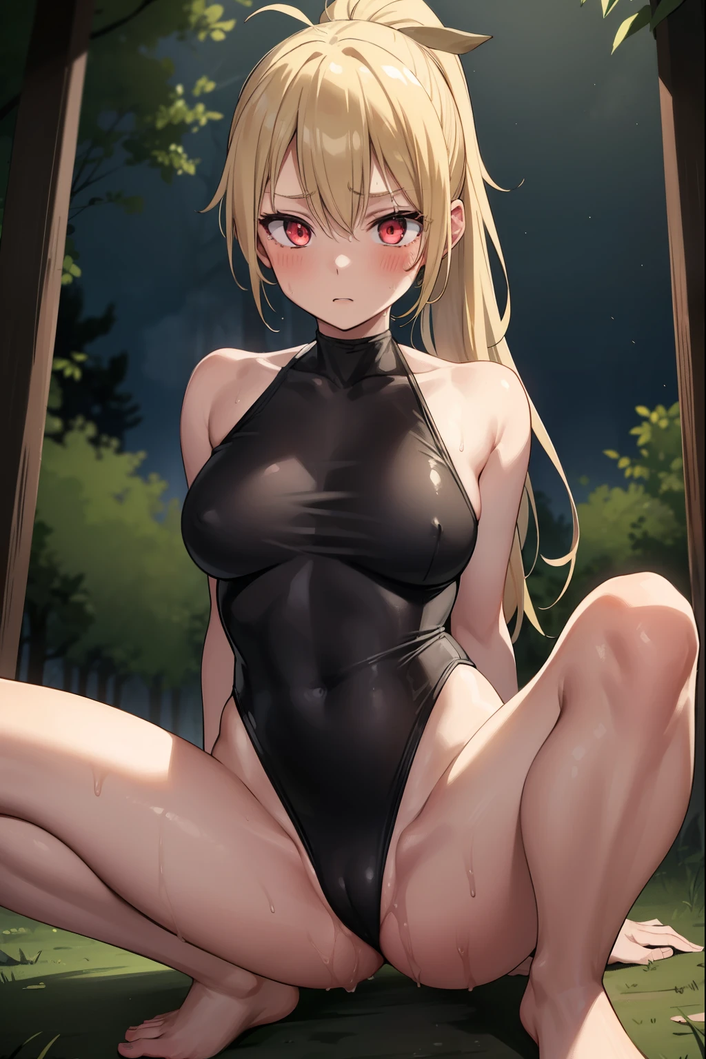 1 girl,blonde,ponytail,black leotard,high leg cut,barefoot,blush,Sweat,forest,night,Zombies around,(There are zombies around),