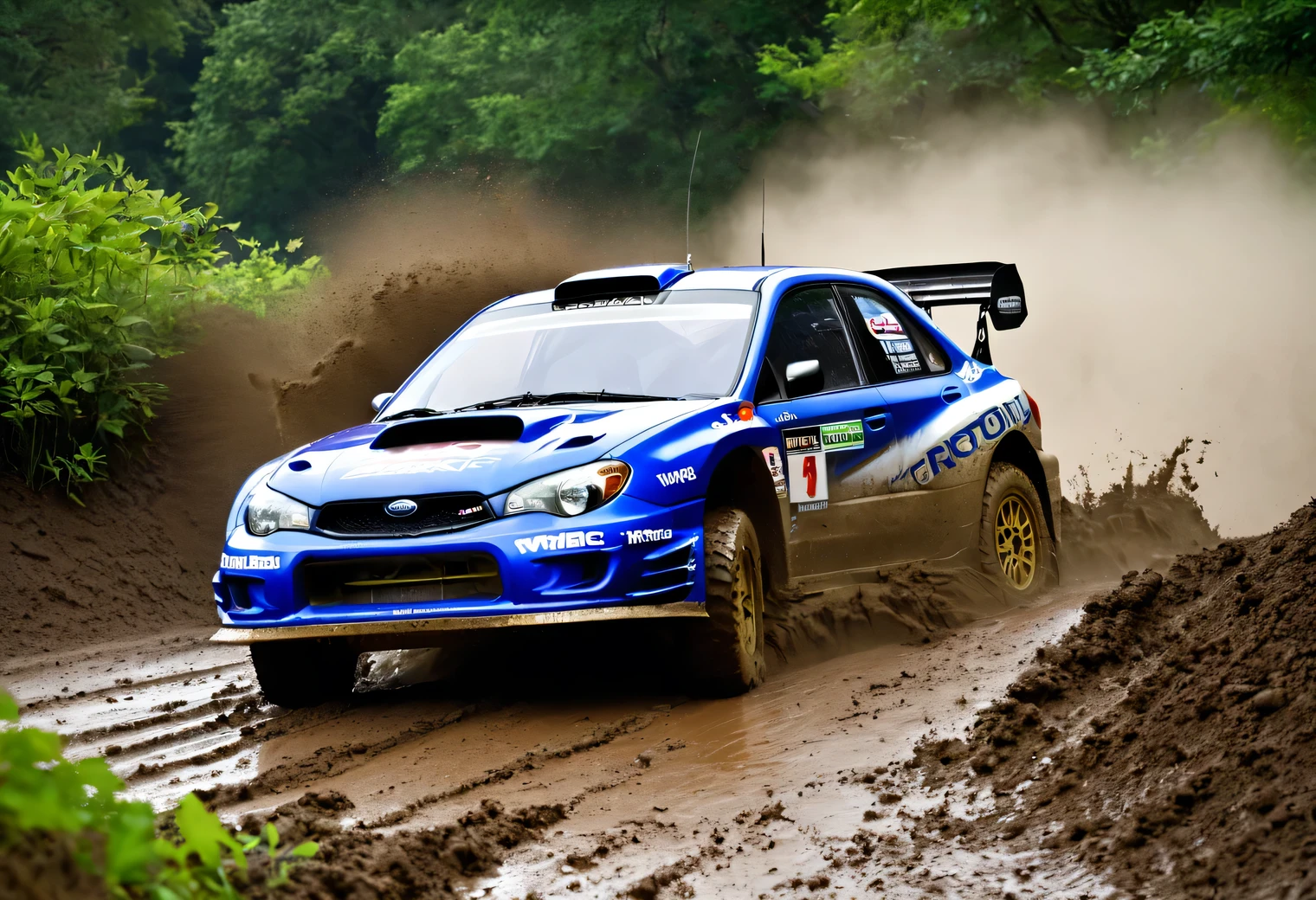 racing car, Subaru Impreza WRC97, rally car, Rally specification, Off-road driving, (mud汚れ:1.3), mud, (Drift on hairpins)