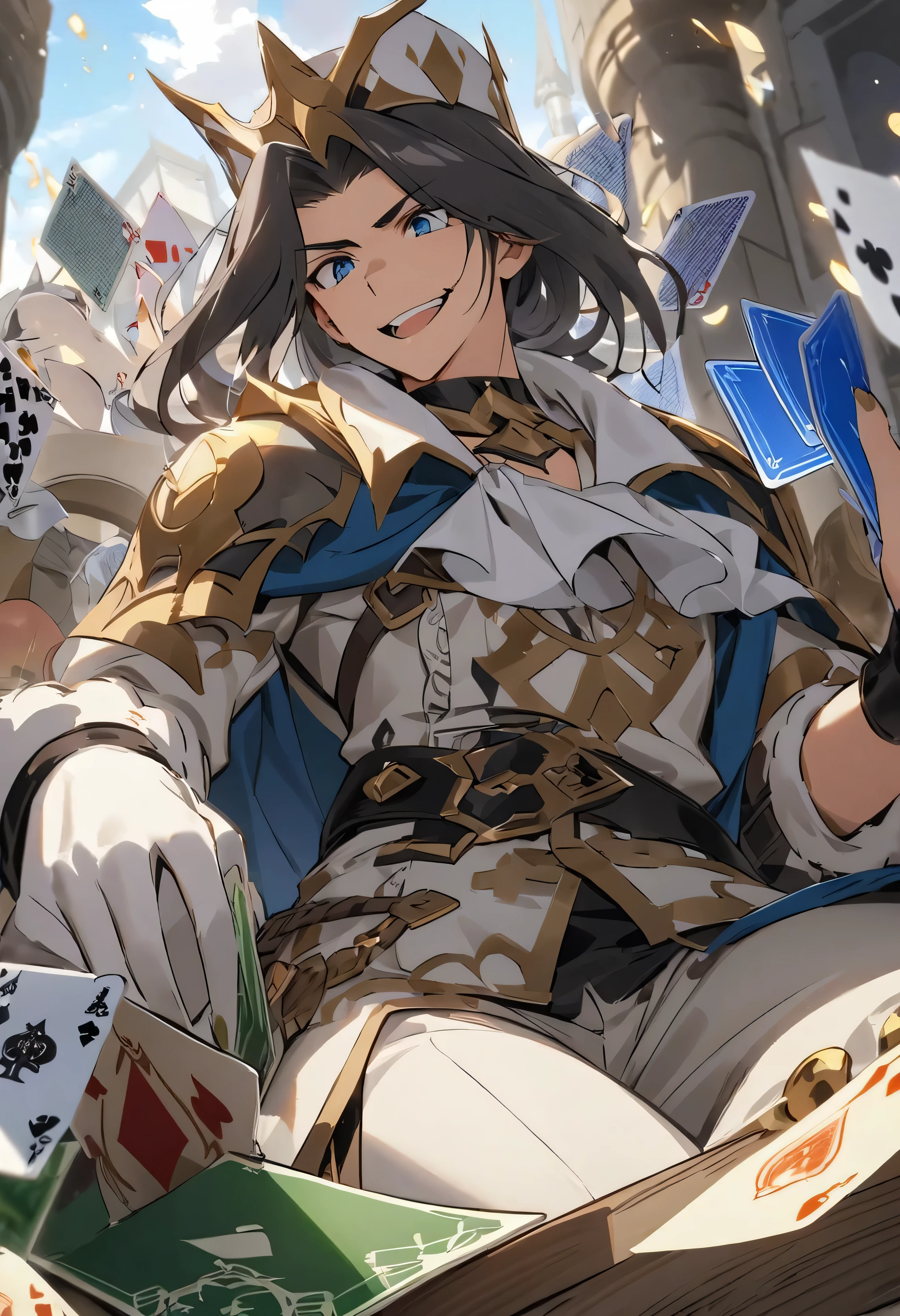 Um garoto com o cabelo azul no corte de mullet de olhos vermelhos e corpo definido carregando seu podee de cartas de baralho.