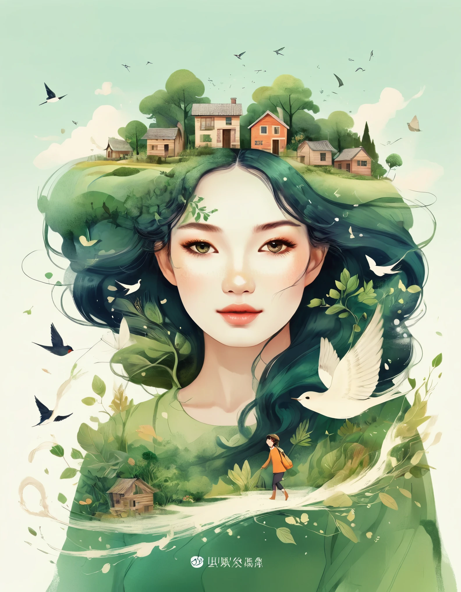 (The little girl's head is adorned with whimsical and rich illustrations of wooden houses, trees, roots, and swallows), and a background of trees and hills in green tones, evoking the charm of a charming countryside landscape. The background blends with the little girl's hair, radiating serenity and creating a harmonious composition that captures the beauty of nature. This illustration symbolizes the harmony between humans and the environment, with a focus on the face. (White background)，double exposure，illustration，Beautiful digital illustration, Yoshihiko Wada, author：Kim Hwan Ki, author：Nobusada Yanagawa, by Lee Jeon Suk, author：Kentaro Miura, Beautifully illustrated, author：Hiroshi Yamagata, Inspired by Zheng Xiaorong