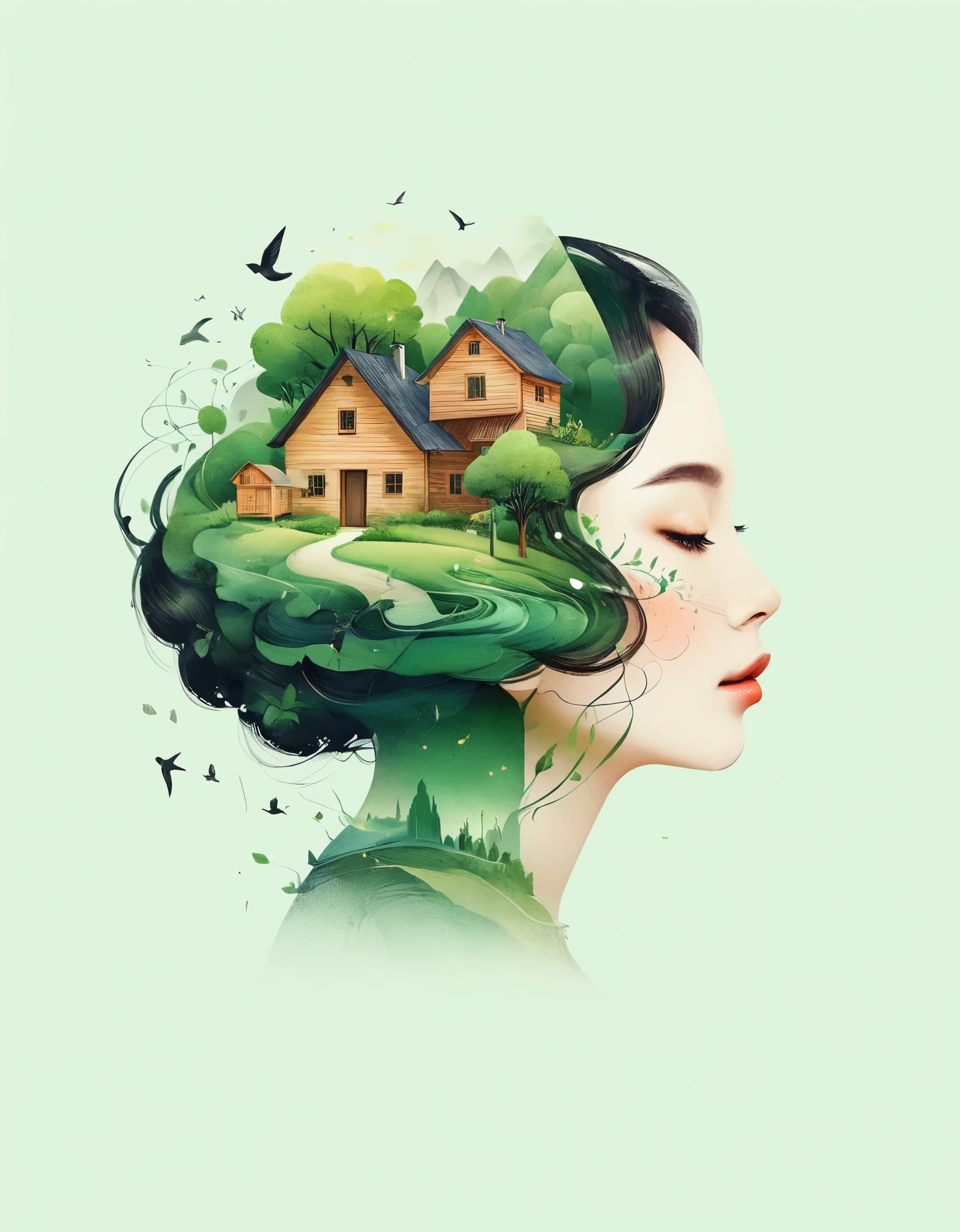 (The little girl's head is adorned with whimsical and rich illustrations of wooden houses, trees, roots, and swallows), and a background of trees and hills in green tones, evoking the charm of a charming countryside landscape. The background blends with the little girl's hair, radiating serenity and creating a harmonious composition that captures the beauty of nature. This illustration symbolizes the harmony between humans and the environment, with a focus on the face. (White background)，double exposure，illustration，Beautiful digital illustration, Yoshihiko Wada, author：Kim Hwan Ki, author：Nobusada Yanagawa, by Lee Jeon Suk, author：Kentaro Miura, Beautifully illustrated, author：Hiroshi Yamagata, Inspired by Zheng Xiaorong