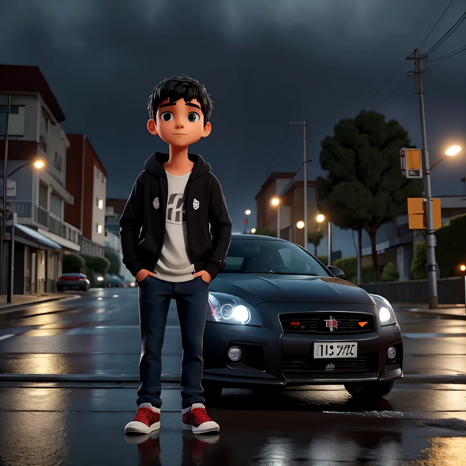 Descreva a cena de um jovem com capuz, wearing a black sweatshirt and jeans, standing on the sidewalk on a rainy night. He is looking at a shiny GTR R35 car passing on the road., Your admiration visible in your eyes. The light from the headlights reflects on the puddles of water around you, enquanto a chuva cai suavemente sobre ele. O som do motor potente ecoa no ar, misturando-se ao som da chuva. The boy remains motionless, captured by the elegance and speed of the car, dreaming of the day when you can be behind the wheel of such an impressive machine.