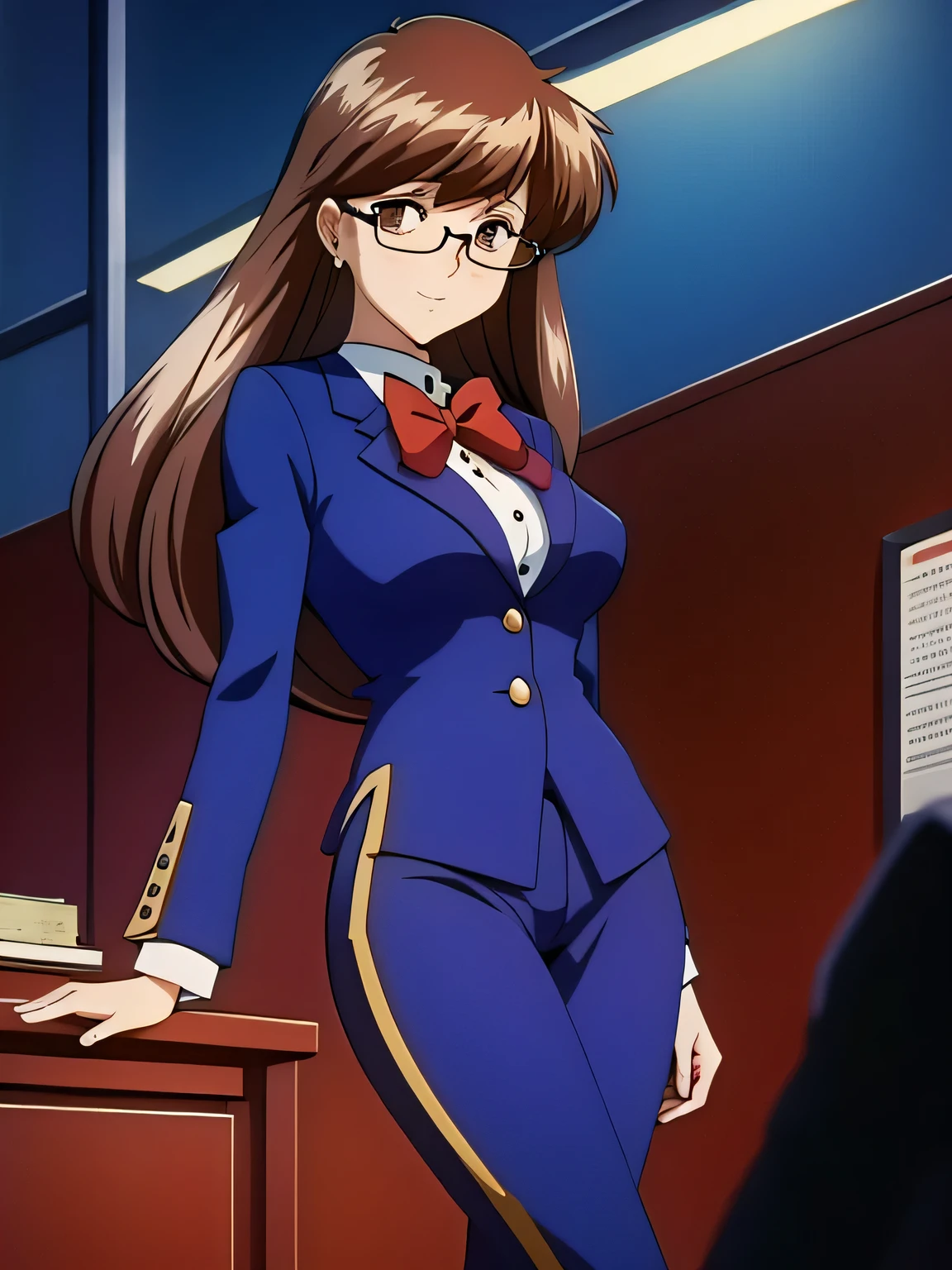 (masterpiece, best quality:1.2), Heavenly Court Gui ，1 girl, office,black formal clothes, pant & shirt with blazer on, alone,Exquisite brown hair color beautiful eyes , spectacles, perfect, highly detailed, office in background, elegent, cinematic, perfect body parts, aesthetic, fullbody, standing, attitude, high heels, anime
