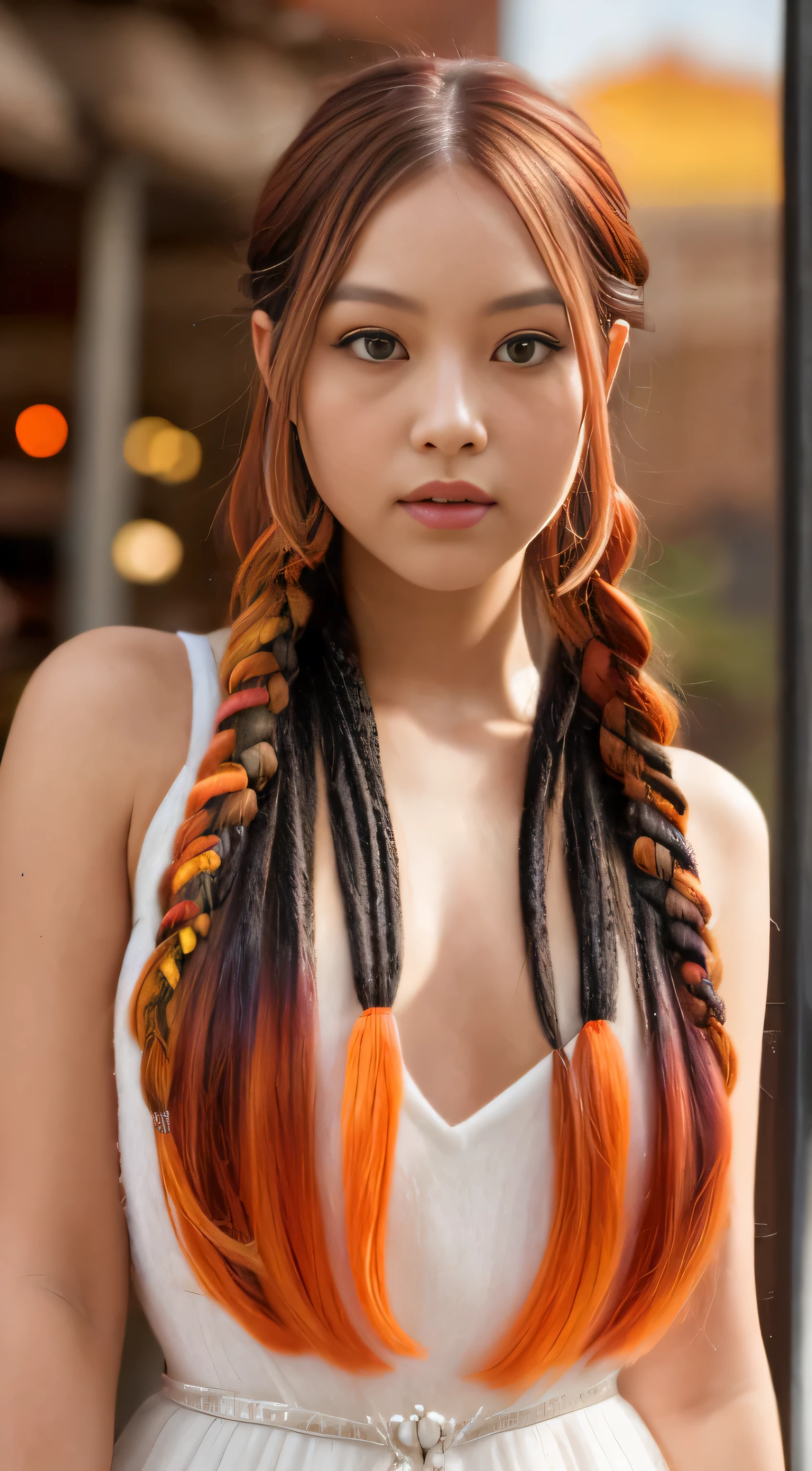 A multicolored haired beauty in a solo pose, with gradient locks that shift from burnt orange to bright red, cascading down her back in soft waves. Carrot-shaped ornaments adorn her braids, adding a whimsical touch. A mole peeks out under her left eye, adding character to her delicate, amber-hued gaze. With high detail and a commitment to Verism and Hyperrealism, this Contemporary art piece comes alive under cinematic lighting, with each strand of hair and pore on her skin sparkling under the wide shot. Shot with a best quality camera and an f/1.2 lens, this award-winning 8k, super-