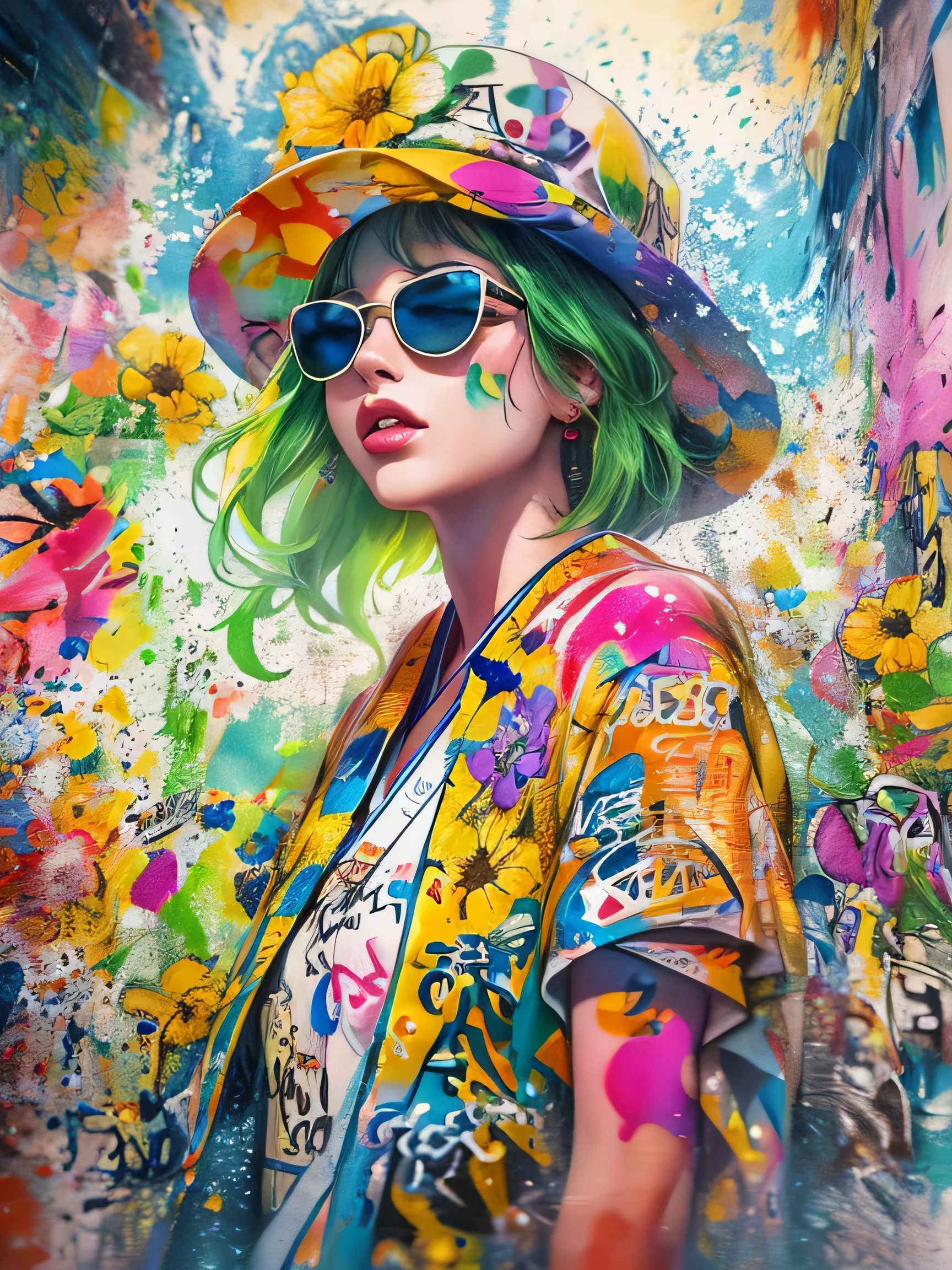 8K quality, Sylvia Pelissero watercolors, intense watercolor, watercolor detailed art, watercolor splash, surreal, avant-garde pop art, Beautiful and expressive paintings, Beautiful artwork illustration, very colorful tones, wonderful, cool beauty, highest quality,official art, vector art,stylish design, (((The strongest beautiful girl of all time))), (((Japanese)))、((Idol))、clear, Stylish sunglasses, Fashionable hats, (((highest quality))), bob hair, lips in love, HDR, ((Detailed details)), stylish fashion, detailed clothing texture, (((graffiti art))), colorful hair, ((masterpiece))、((Super detailed))、(((colorful flowers)))、Light of hope