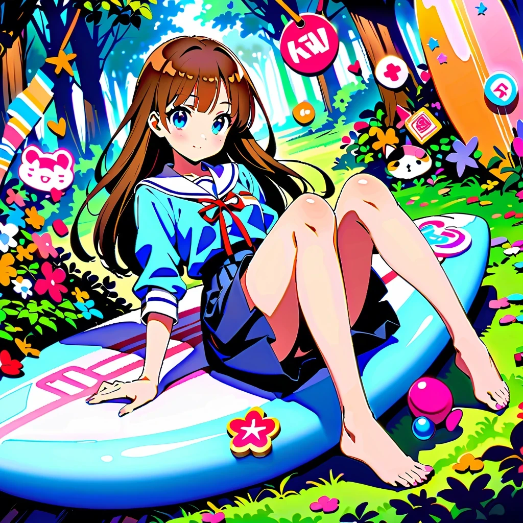Sitting in the forest with trees depicts Japanese anime style illustration，The character is a Japanese schoolgirl sitting on a pink box。Her brown hair is flowing and charming，The whole body exudes vitality and youthfulness。She is surrounded by various stickers、Ribbons and other colorful elements，Create a lively and lovely atmosphere。

Anime girl on surfboard in forest, Vector art by Kose Kanaoka, pixiv