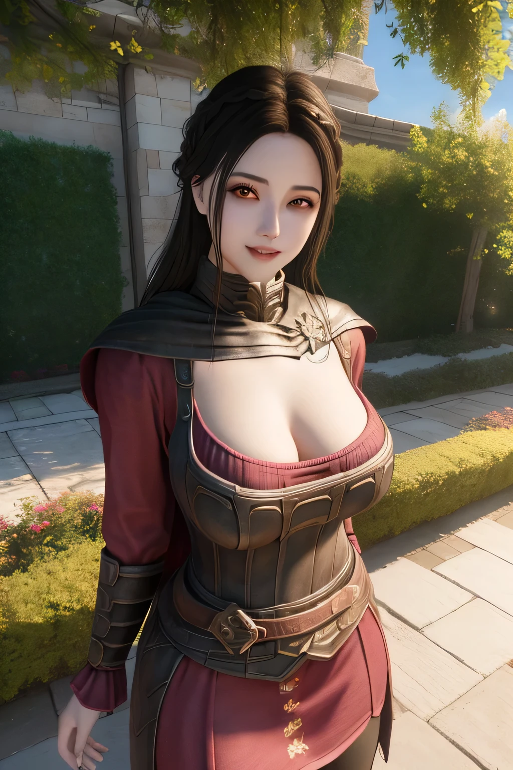 masutepiece, Best Quality, (Colorful), (Delicate eyes and face), Volumetric Lights, Ray tracing, the Extremely Detailed CG Unity 8K Wallpapers, serana, 1girl in, big boob sexy, Looking at Viewer, Seductive smile, arms behind back, evening, garden, gloomy castle