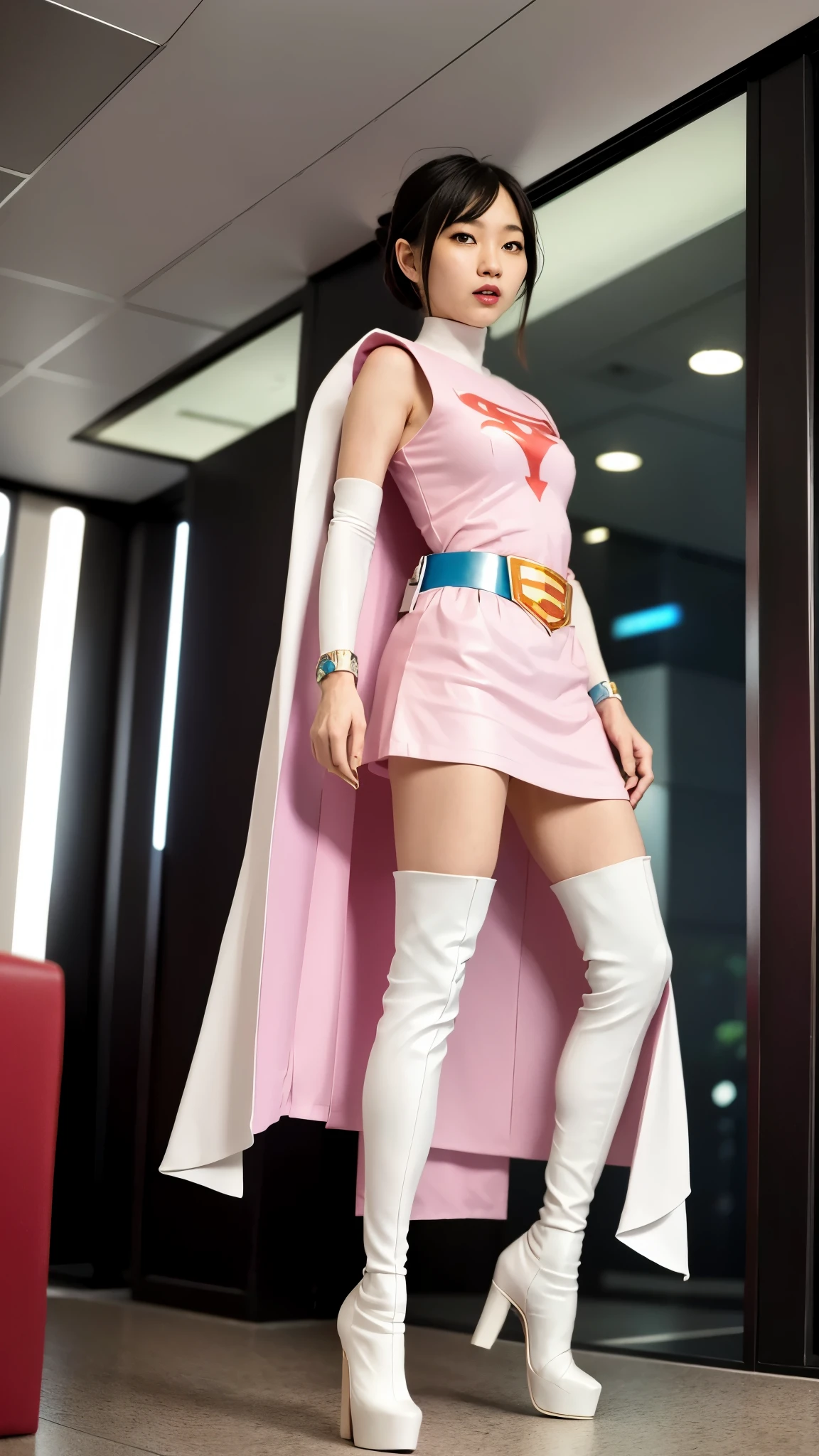 best image quality、real image、18-year-old美少女、ポニーテールBeautiful woman、beautiful sister、A woman wearing a pink dress and cloak is standing in front of a building。, 18-year-oldの女の子,Jun the Swan、knee high boots science ninja、white panties、Beautiful woman、 As a retro-futuristic heroine, 18-year-old、As a retro-futuristic heroine, beautiful thighs、sheila, she - ra, anime female hero portrait, Portrait of a modern dharna, anime visual of super girl, super girl, official art, Dinah Drake, hironaka, Blowjob White Mecha Miniskirt