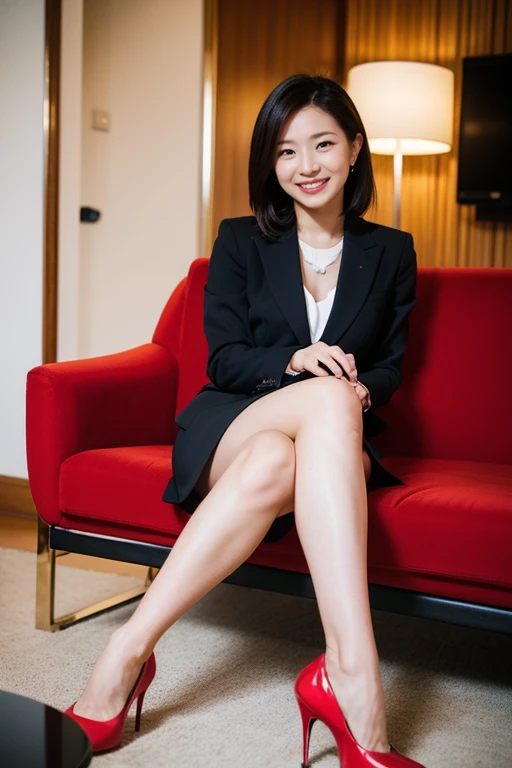 best quality, muste piece, photorealistic, high resolution, 8k　Raw photo,solo, 1girl, 30 years old、Sitting on the sofa with legs crossed、smile、looking at me、business suit、red high heels