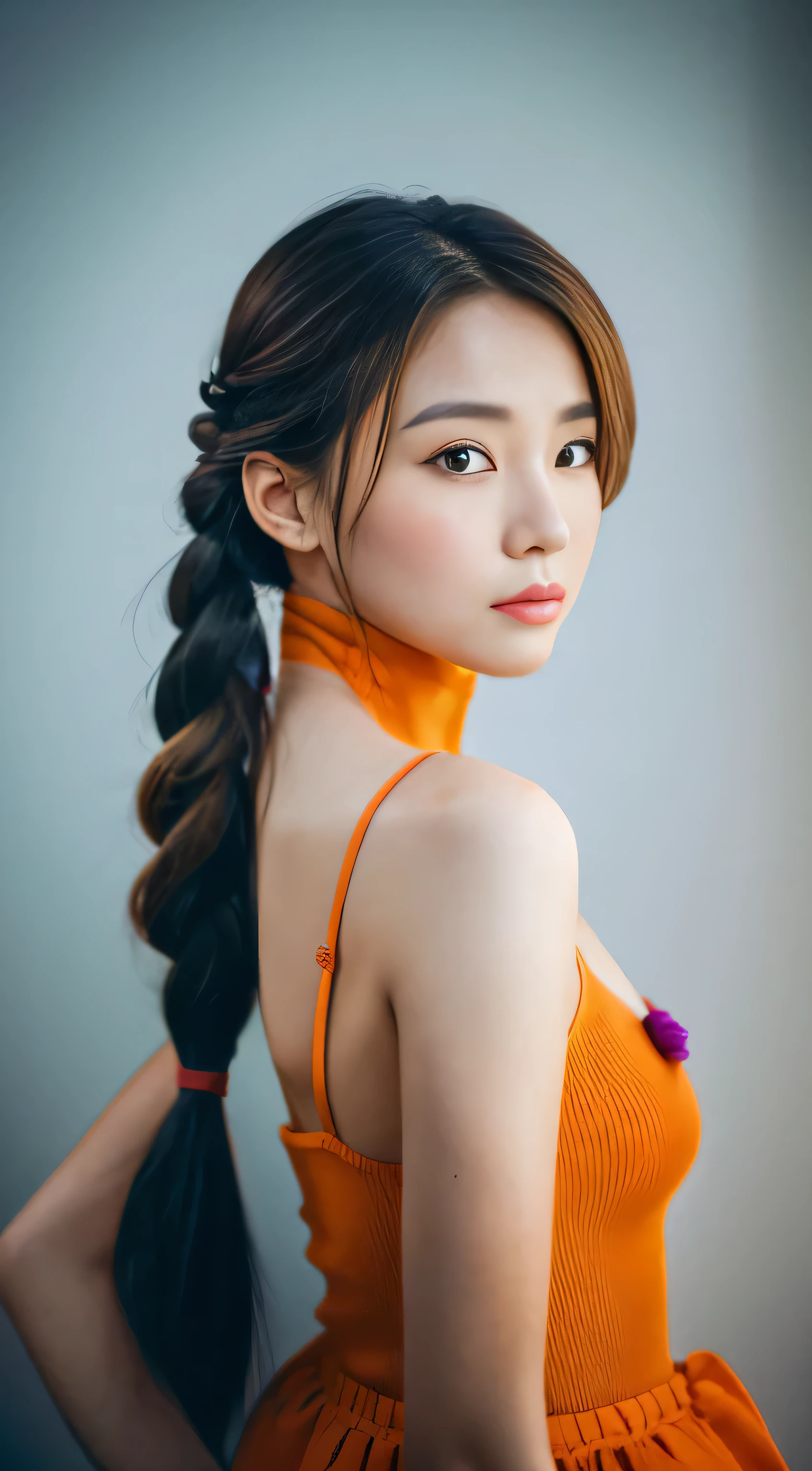 A beautiful woman with colorful hair is posing solo.、Her hair has a gradation that changes from burnt orange to bright red.、It flows down my back in soft waves.。Carrot-shaped ornaments decorate the braids、Adds a whimsical touch。A mole peeks out under my left eye、Adding personality to her delicate amber eyes。With a commitment to verism and hyperrealism and high detail.、This contemporary art piece comes to life under cinematic lighting.、Every pore in her hair and skin shines under the wide shot。Top quality camera and f / 1.Photographed with 2 lenses、This award-winning 8k、