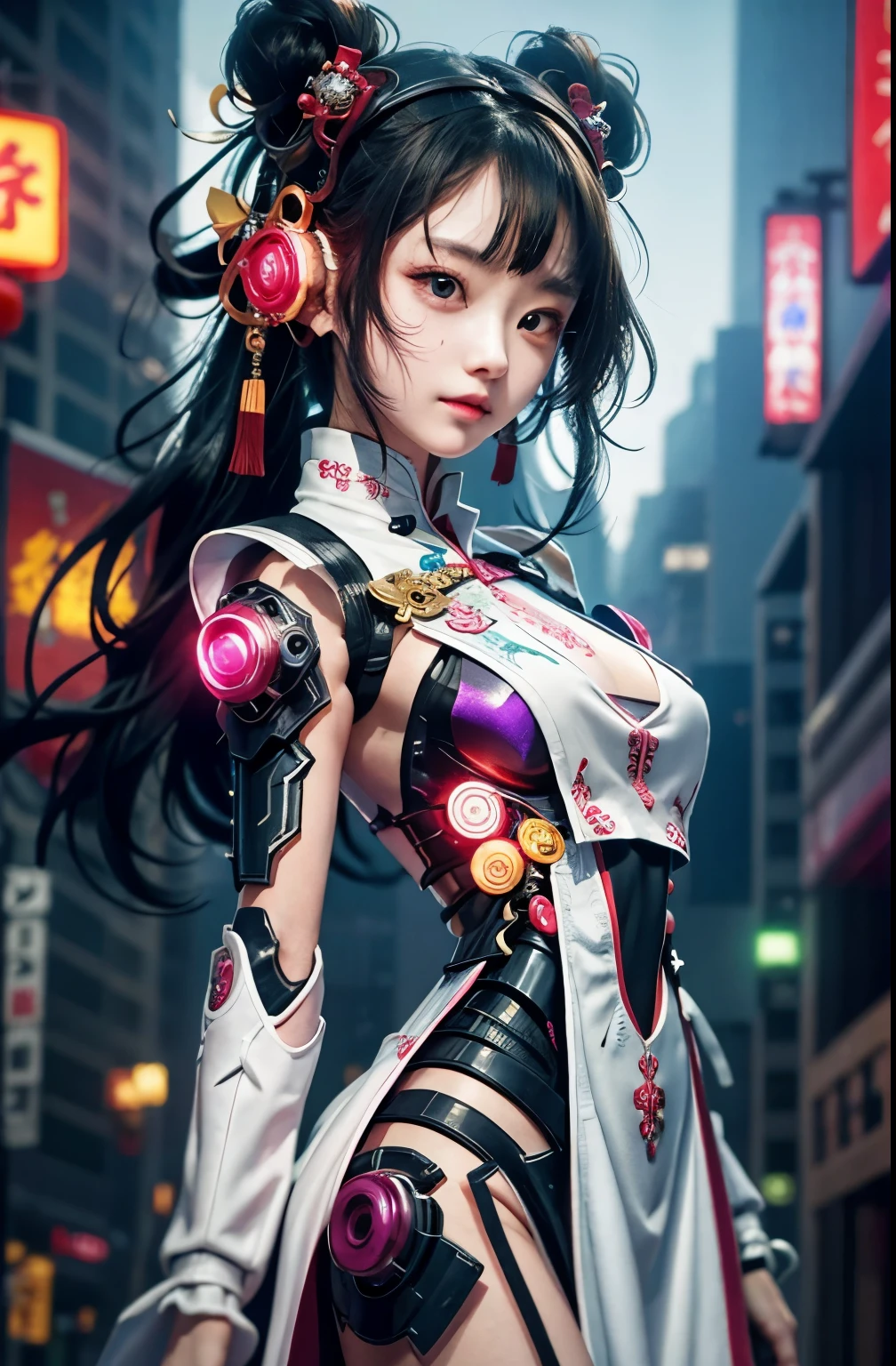 a girl, whole body, clear facial features, amazing facial features, beautiful eyes, Chinese clothing, Chinese cyberpunk, Cyberpunk City Headgear, hair accessories, Super complex design, mechanical armor, science and technology, stunning lighting, C4D, Overclocked rendering, Cinematic edge light, fine light, masterpiece, Super details, epic work, ultra high definition, high quality, 32k,whole body的，hand weapon