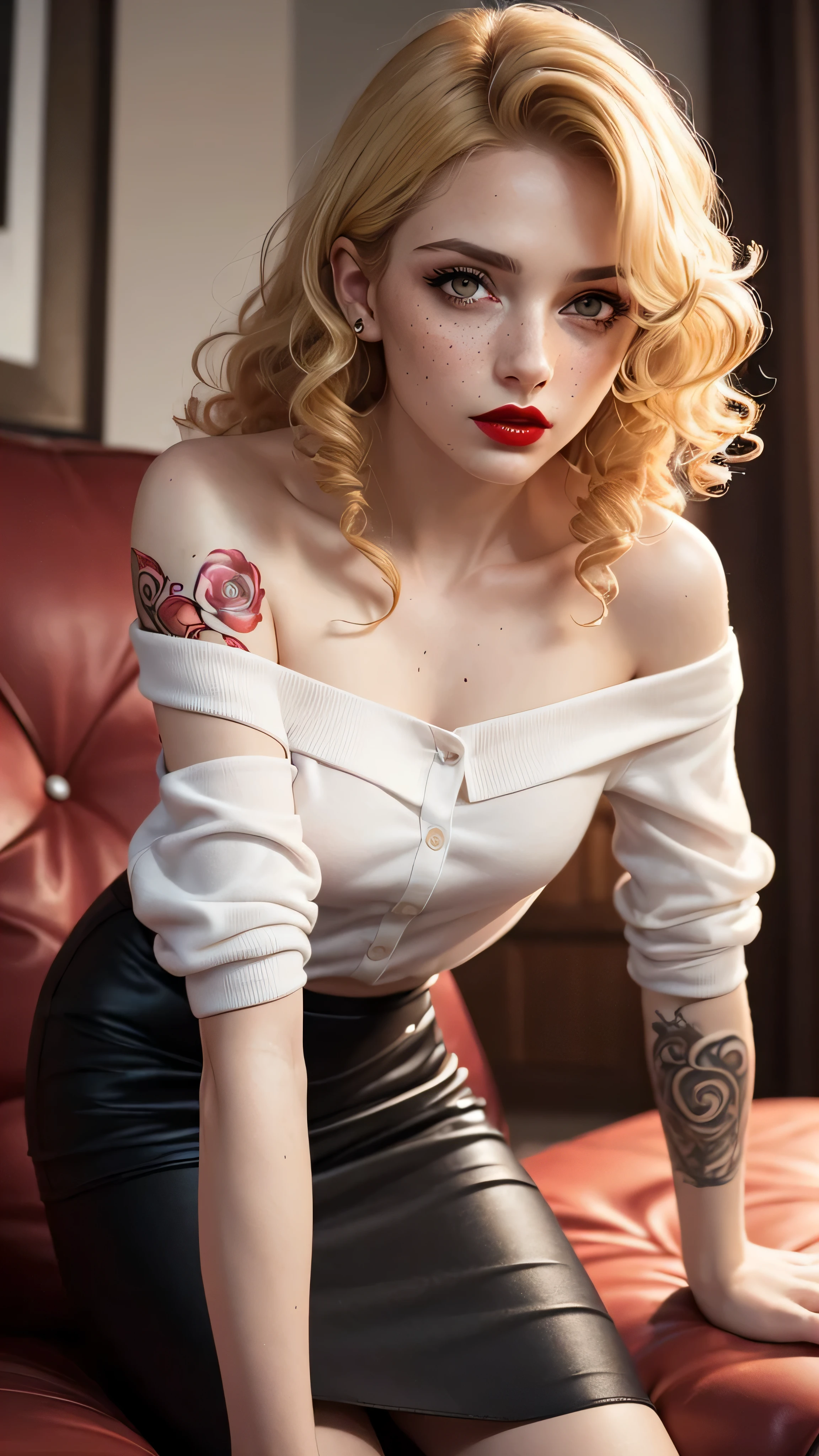 ((best quality: 1.5)) ((masterpiece: 0.8)), intricate details, sharp focus, professional, real life, realistic representation of the face, dynamic pose, in the style of realistic and hyper detailed renderings BREAK (((Muscular woman, ((body tattoos:0.4, (((lounging, groping, black skirt, white panties, men's shirt, off shoulder, leaning forward), blackout goth eyeshadow, red lipstick)))), golden hour, ((((long blonde curly hair)), [flat chest:medium breasts:0.8]), indoors, couch), pouting, freckles: 0.7, iceblue eyes))), photorealistic, hyper-realistic, 8K