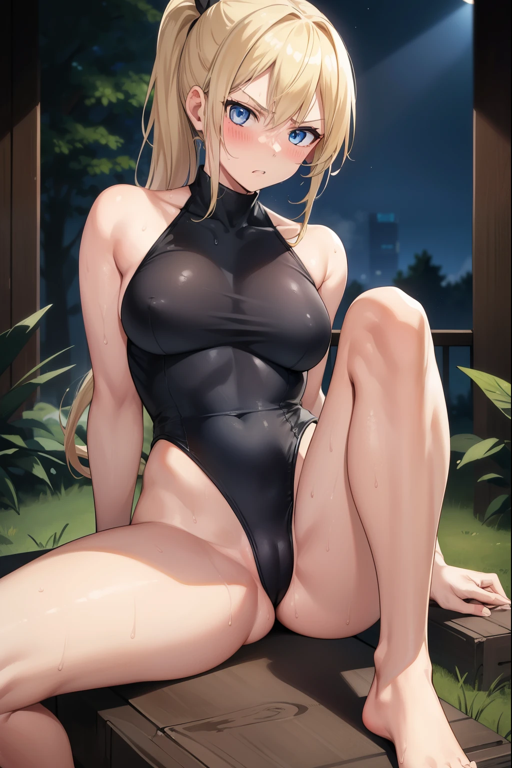 1 girl,blonde,ponytail,blue eyes,serious face,grit your teeth,black leotard,high leg cut,barefoot,blush,Sweat,forest,night,inner thigh,