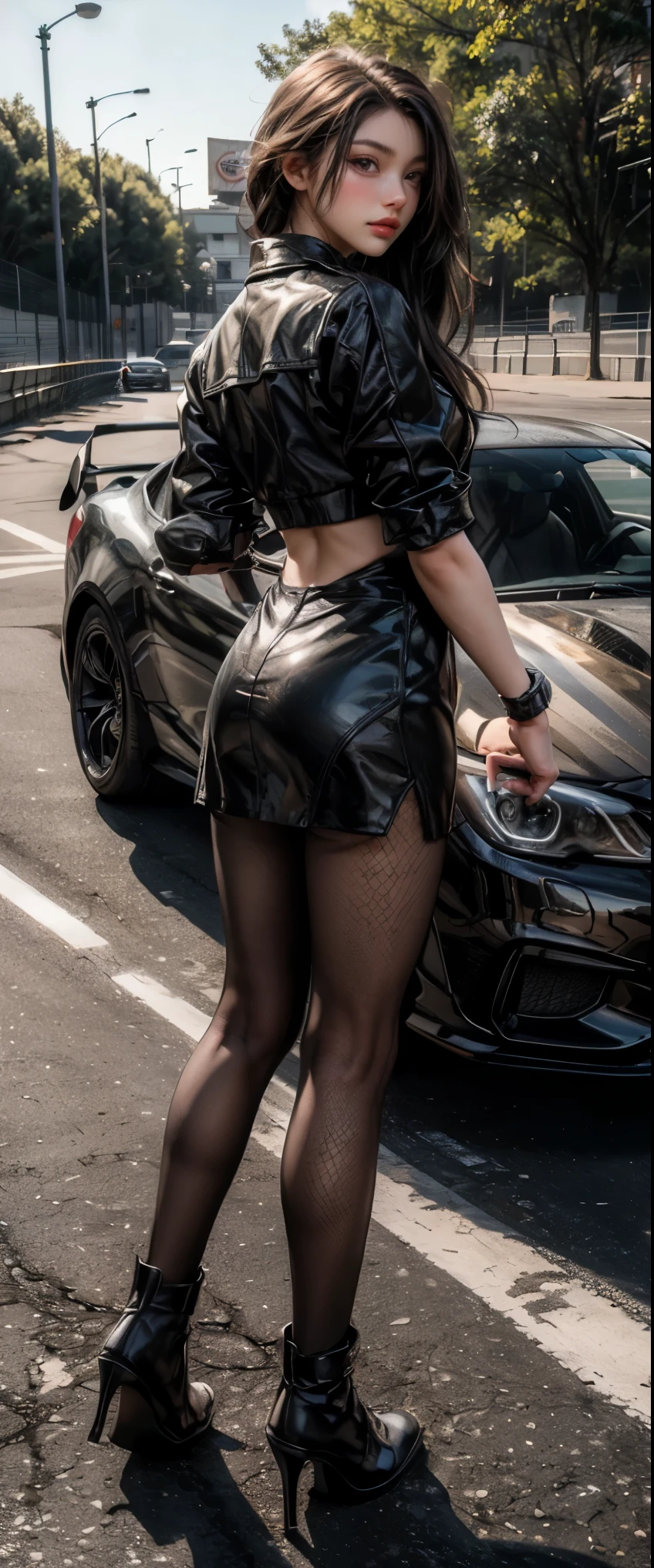 ((masterpiece, highest quality, Highest image quality, High resolution, photorealistic, Raw photo, 8K)), young woman in fishnets leaning on a car in a parking lot, on a street race track, on a racetrack, race car, photo from behind, at racer track, shot from the side, mid body shot, photo taken from behind, view from behind, on a parking lot, view from the back, long shot from the back, epic stance,