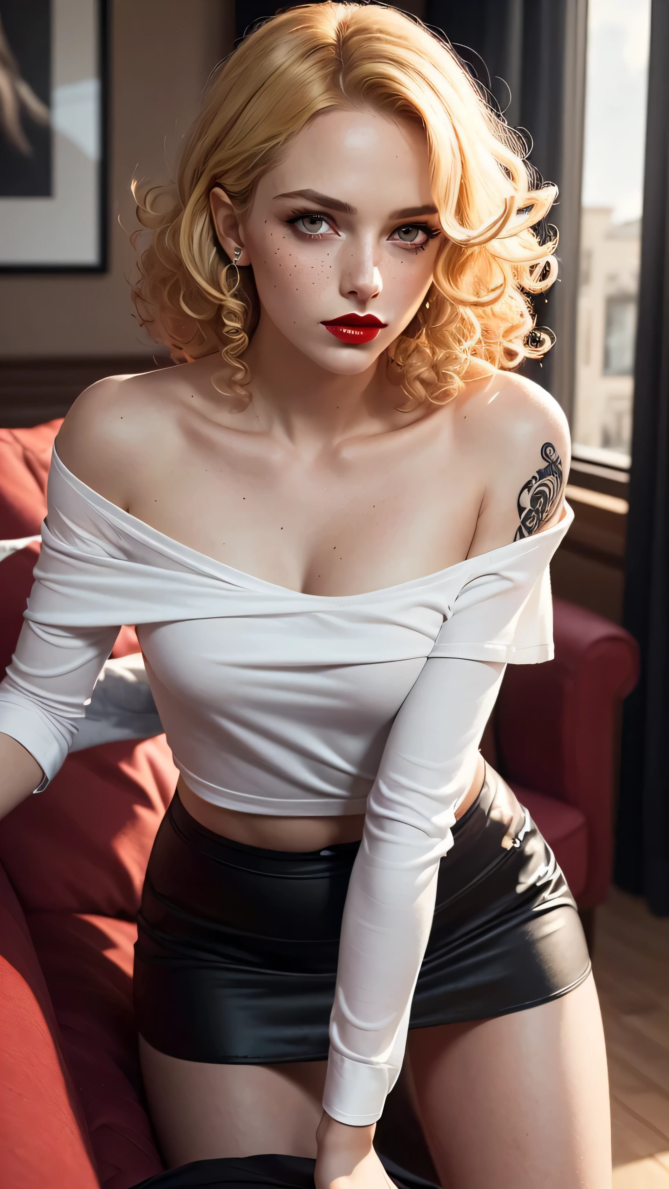 ((best quality: 1.5)) ((masterpiece: 0.8)), intricate details, sharp focus, professional, real life, realistic representation of the face, dynamic pose, in the style of realistic and hyper detailed renderings BREAK (((Muscular woman, ((body tattoos:0.4, (((lounging, groping, black skirt, white panties, men's shirt, off shoulder, leaning forward), blackout goth eyeshadow, red lipstick)))), golden hour, ((((long blonde curly hair)), [flat chest:medium breasts:0.8]), indoors, couch), pouting, freckles: 0.7, iceblue eyes))), photorealistic, hyper-realistic, 8K