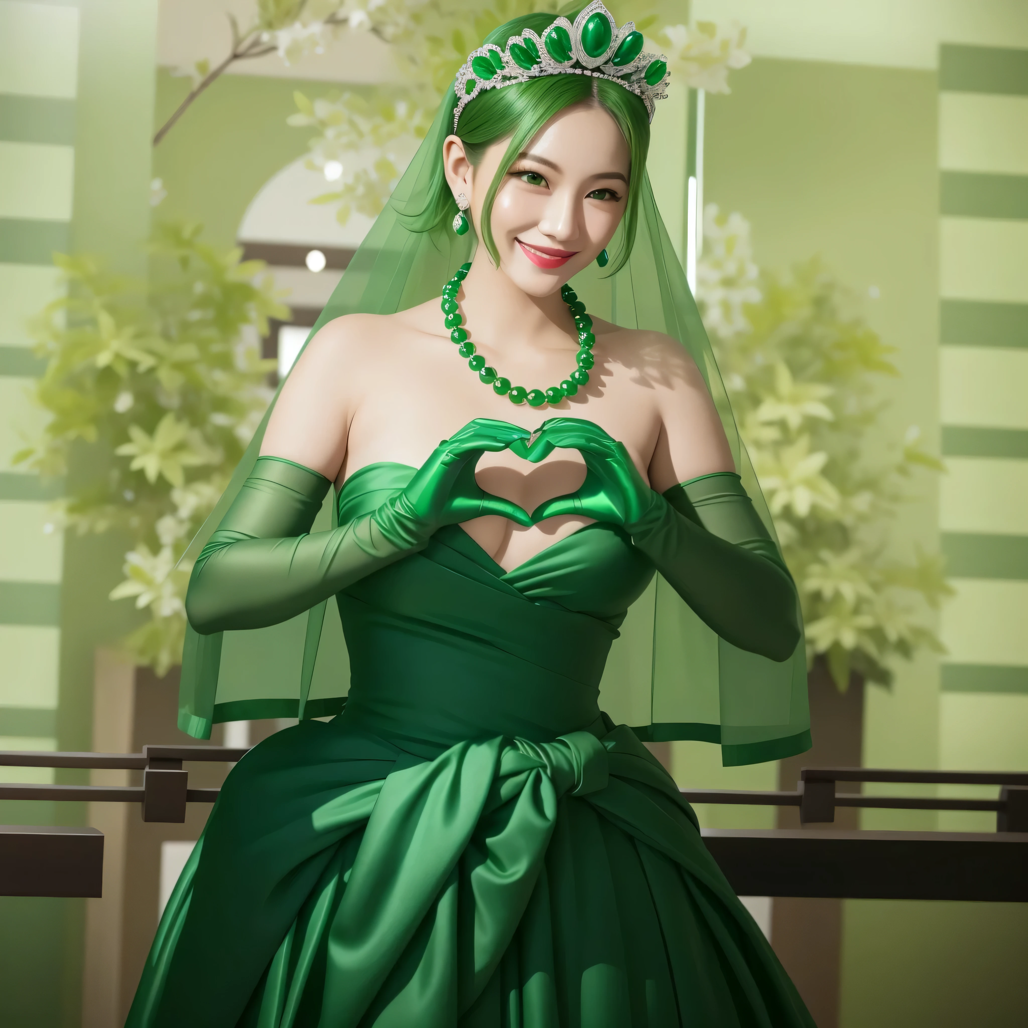 emerald tiara, green pearl necklace, ボーイッシュな非常に短いgreen hair, green lips, smiling Japanese woman, very short hair, Beautiful woman with big breasts, green eyes, green satin long gloves, green eyes, emerald earrings, green veil, Heart with both hands, green hair, beautiful japanese woman, heart shaped hands:1.3, green lip gloss