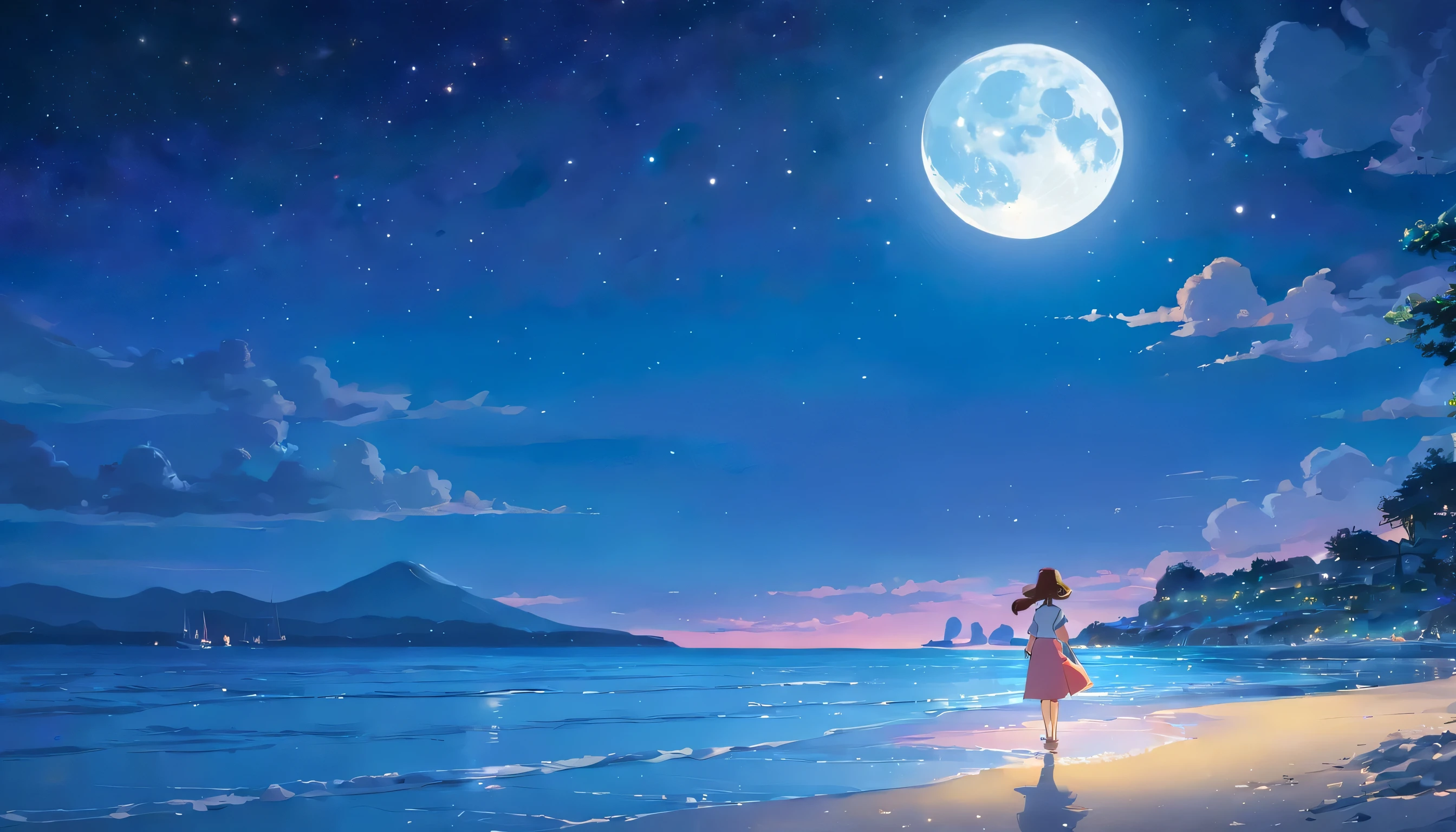 A big full moon reflected on the very rough water surface、nice virgin beach at night. digital painting, art station, concept art, soft focus, sharp, shape.starry sky、beautiful night sky、starry sky、girl