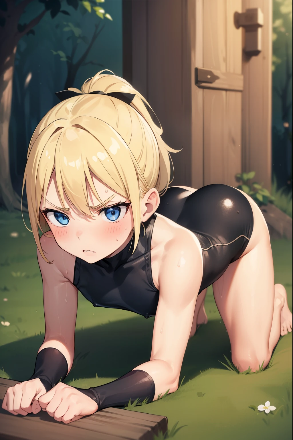 1 girl,blonde,ponytail,blue eyes,serious face,grit your teeth,black leotard,high leg cut,barefoot,blush,Sweat,forest,night,crawl forward,