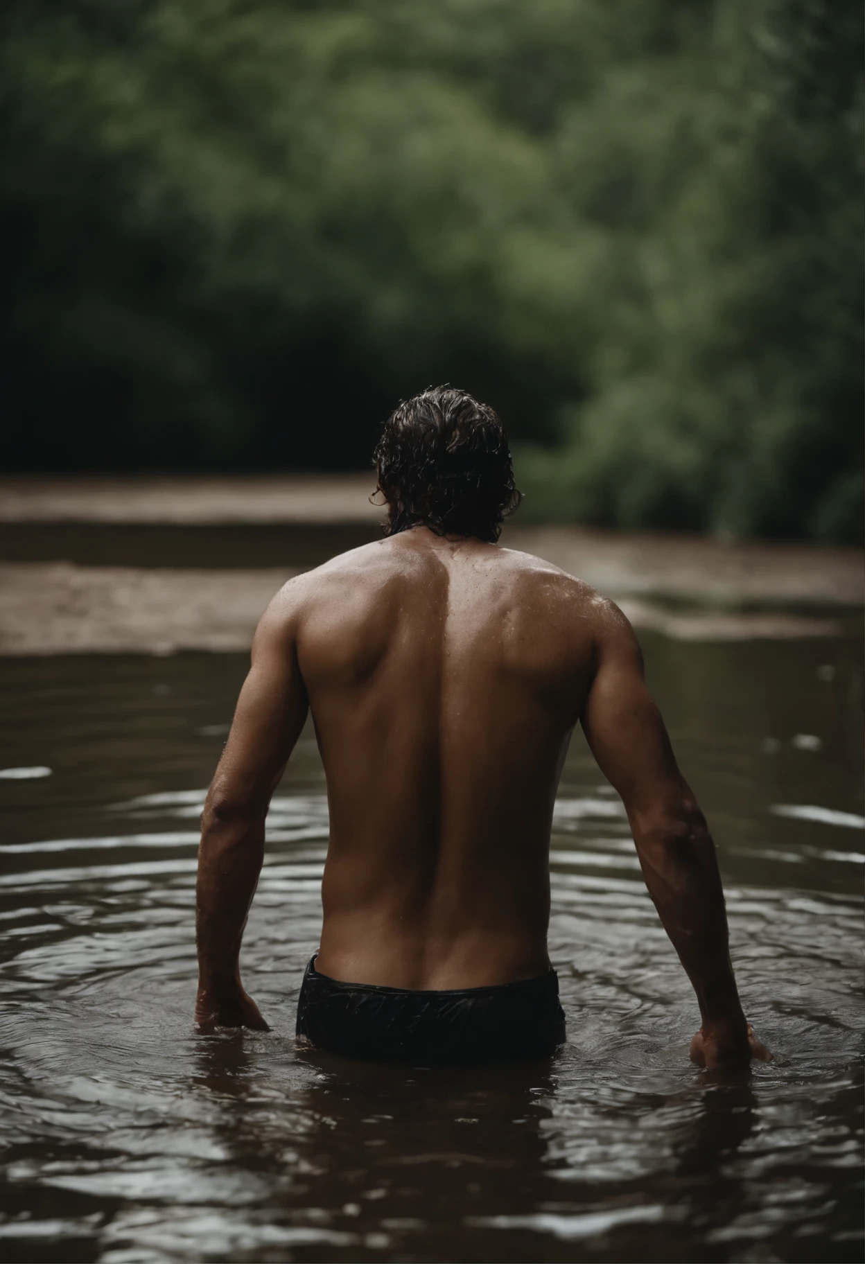 prominent spine, araffes in the water with a wet back and a wet body, back - shot, full human hairy body, his back is turned, wet hairy bodies, bathing inside the tar pit, rear-shot, shot from the back, wet dripping hair, back shot, with his back turned, wet amphibious skin, real life skin, seen from the back
