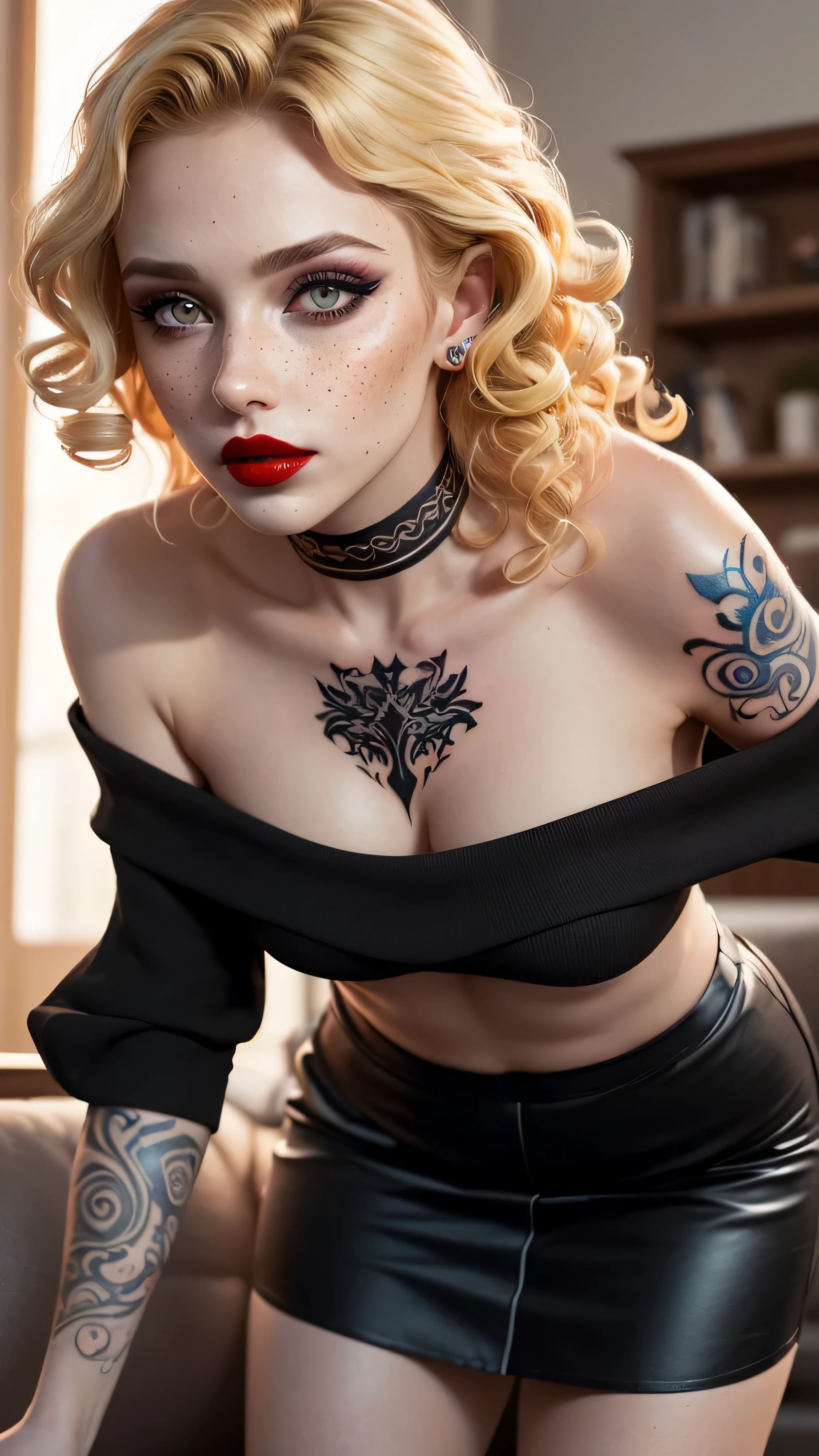 woman with a gothic tattoo on her chest, chest tattoo,gothic tattoos, blonde hair, topless
