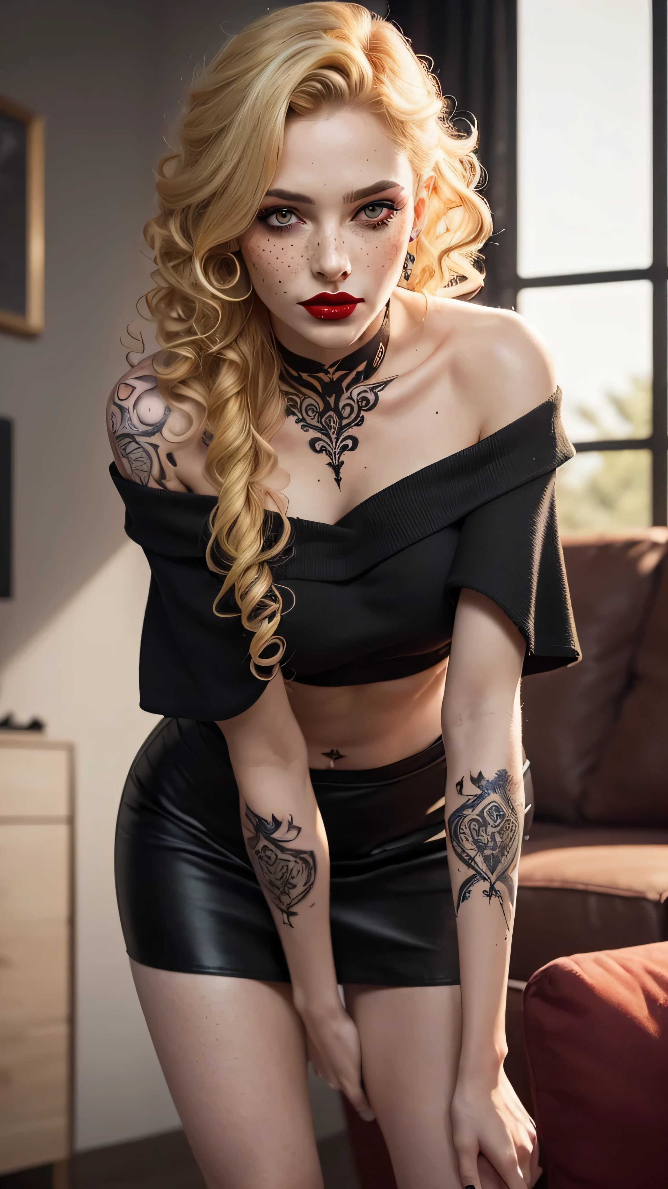 (masterpiece, photorealistic:1.4, extremely intricate:1.3, radiosity, photon mapping, dtx, 8K), intricate details, sharp focus, professional, real life, dynamic pose, BREAK (((fit teenage supermodel woman, ((body tattoos:0.4, (lounging, (white flowerprint jumper), black jeans, from above:0.7), blackout goth eyeshadow, red lipstick)), golden hour, ((long wavy [blonde hair:bright orange hair:0.6], [flat chest:medium breasts:0.8]), indoors, couch), pouting, [skin detail:freckles:0.7])))